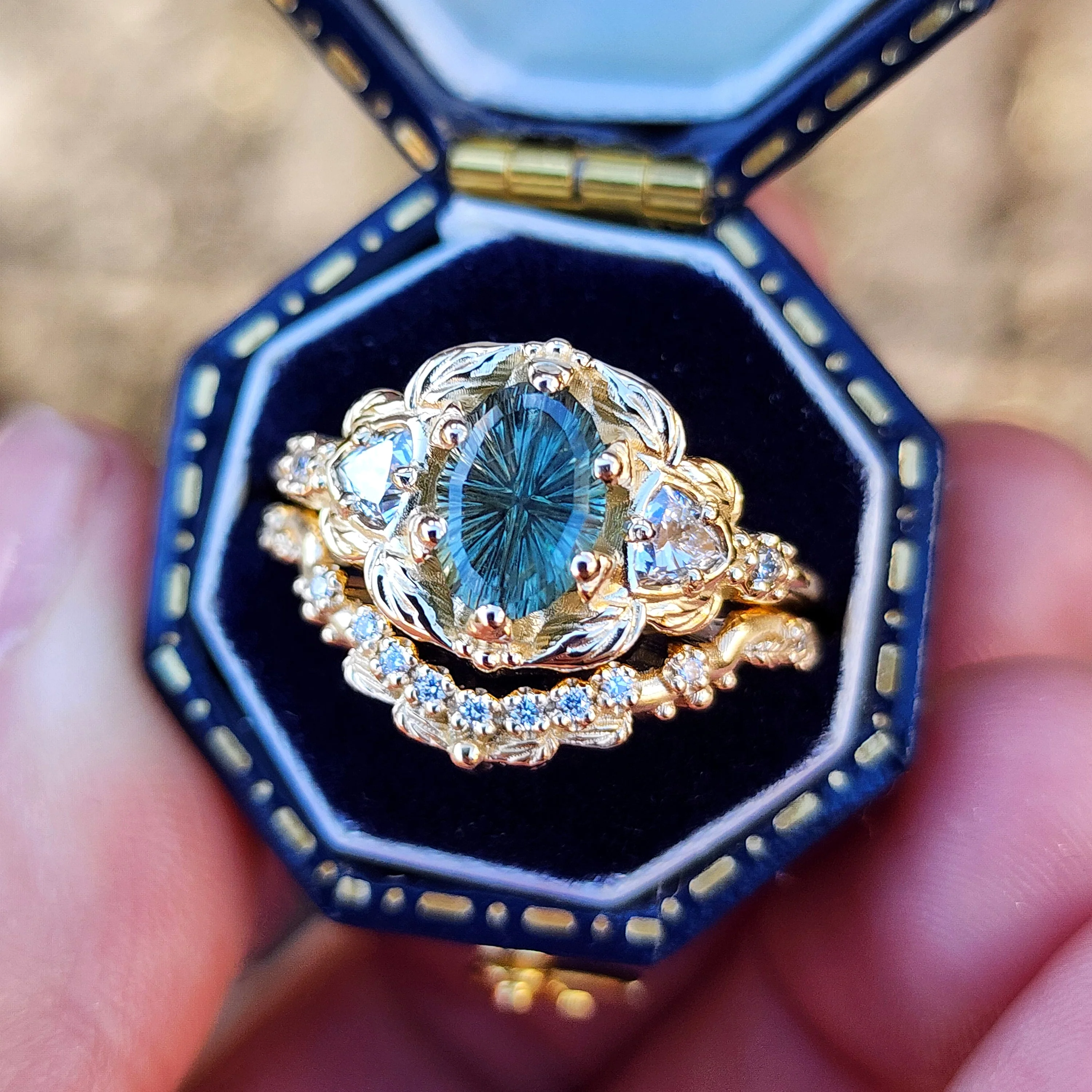 Ready To Ship Size 6-8 Dream Garden Engagement Ring Set 1.43ct Teal Unheated Montana Fantasy Cut Sapphire - Image 3
