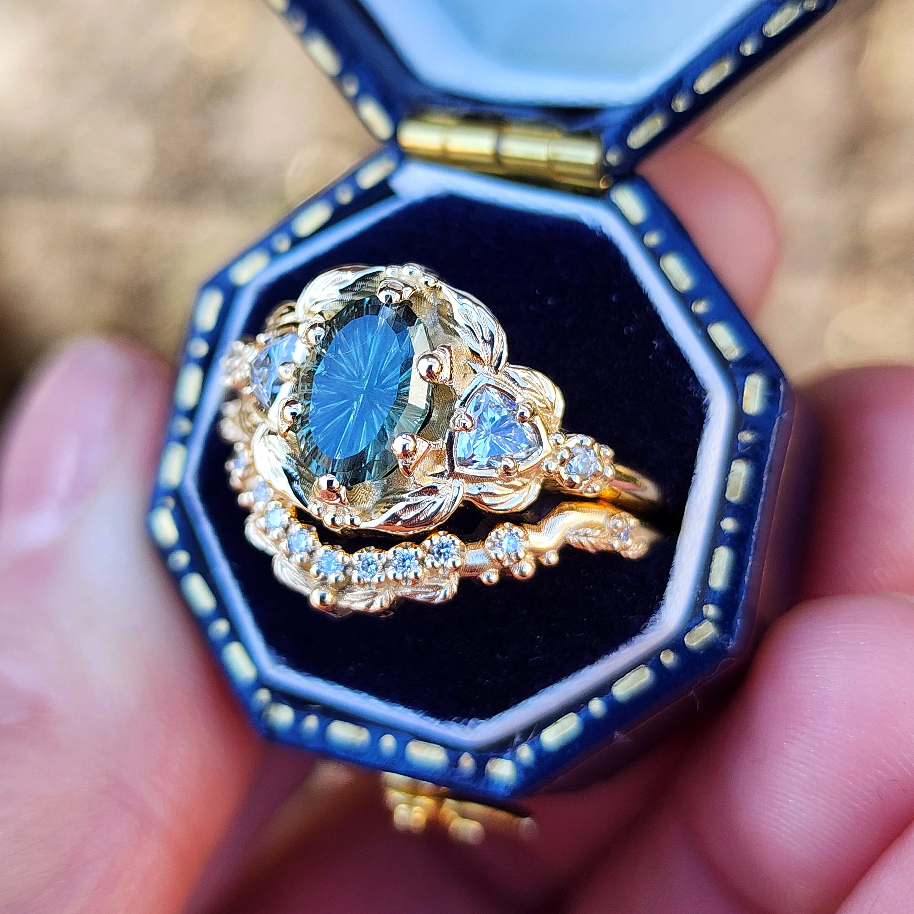 Ready To Ship Size 6-8 Dream Garden Engagement Ring Set 1.43ct Teal Unheated Montana Fantasy Cut Sapphire - Image 4