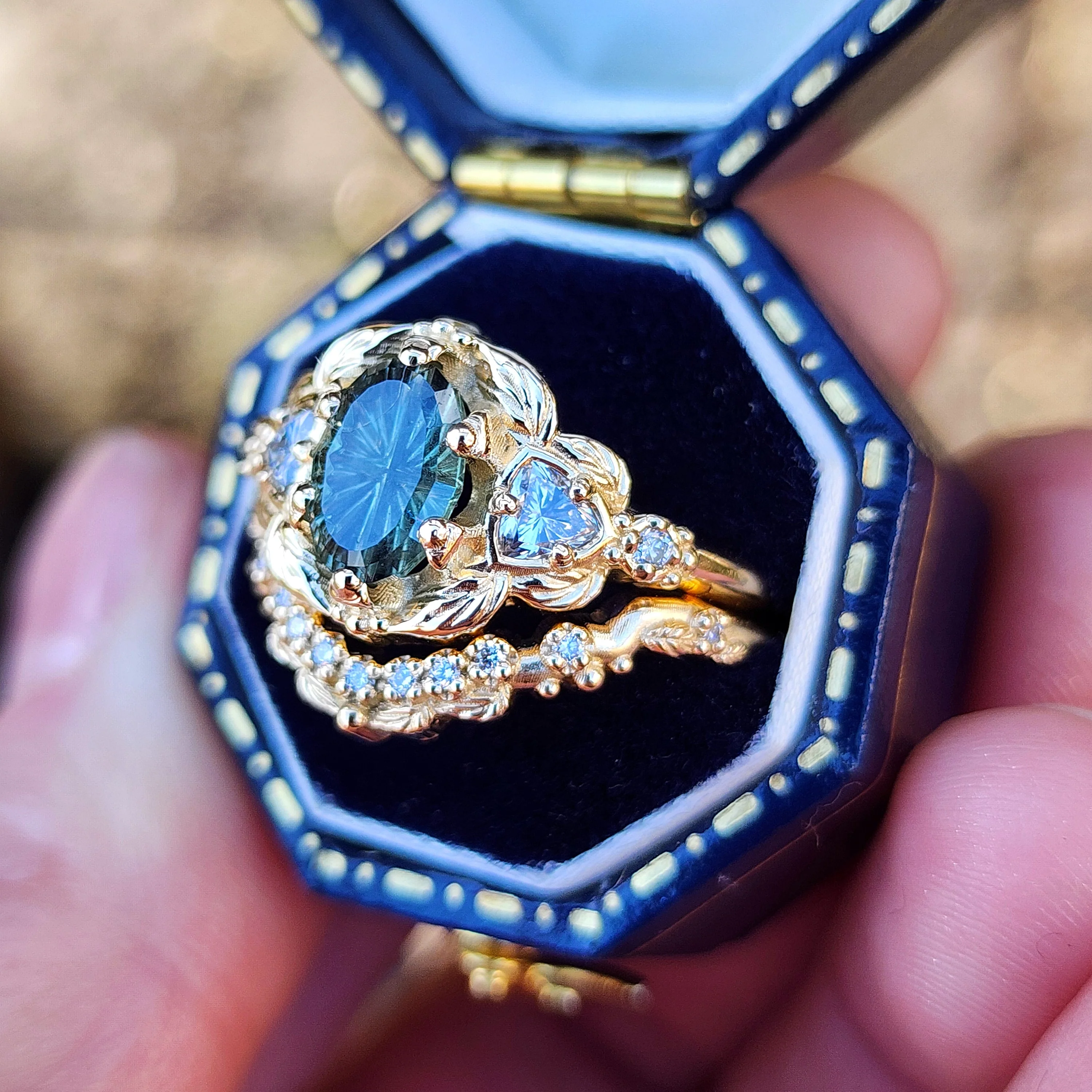 Ready To Ship Size 6-8 Dream Garden Engagement Ring Set 1.43ct Teal Unheated Montana Fantasy Cut Sapphire - Image 5