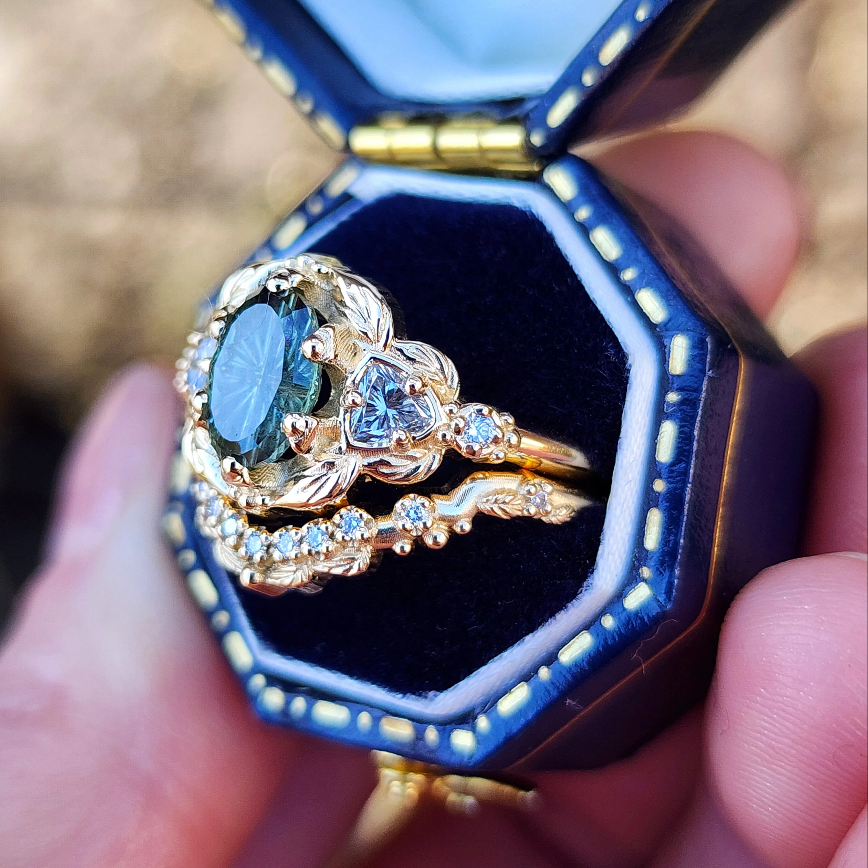 Ready To Ship Size 6-8 Dream Garden Engagement Ring Set 1.43ct Teal Unheated Montana Fantasy Cut Sapphire - Image 6