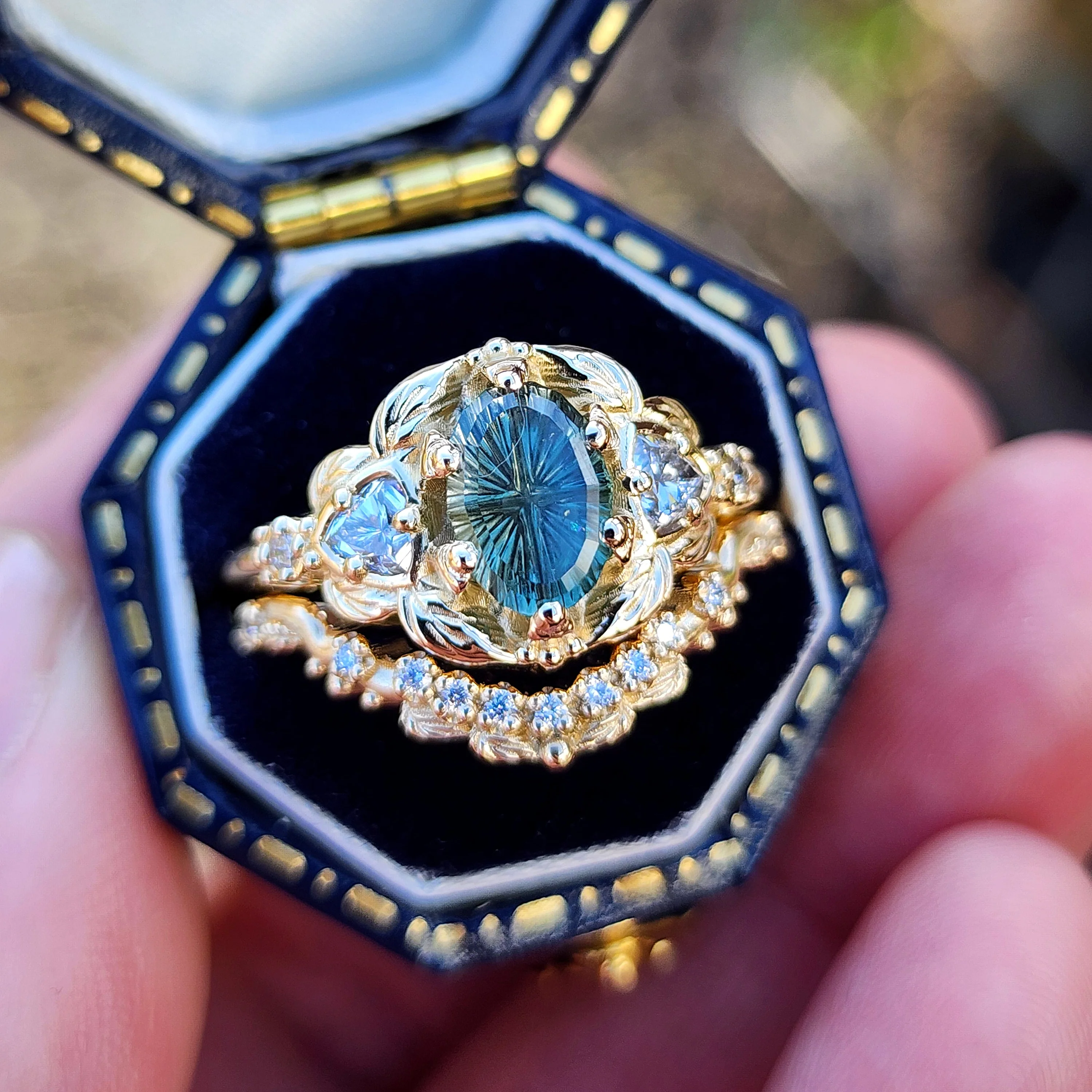 Ready To Ship Size 6-8 Dream Garden Engagement Ring Set 1.43ct Teal Unheated Montana Fantasy Cut Sapphire - Image 7