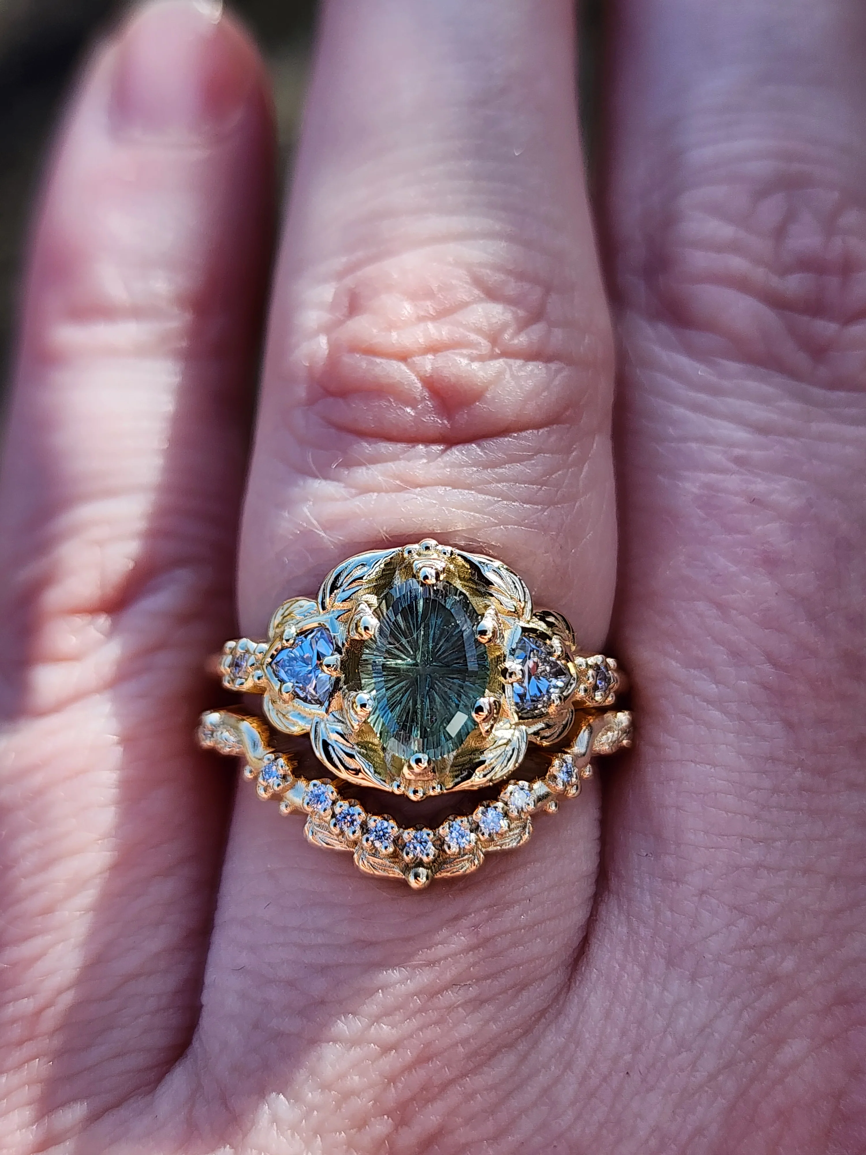 Ready To Ship Size 6-8 Dream Garden Engagement Ring Set 1.43ct Teal Unheated Montana Fantasy Cut Sapphire - Image 9