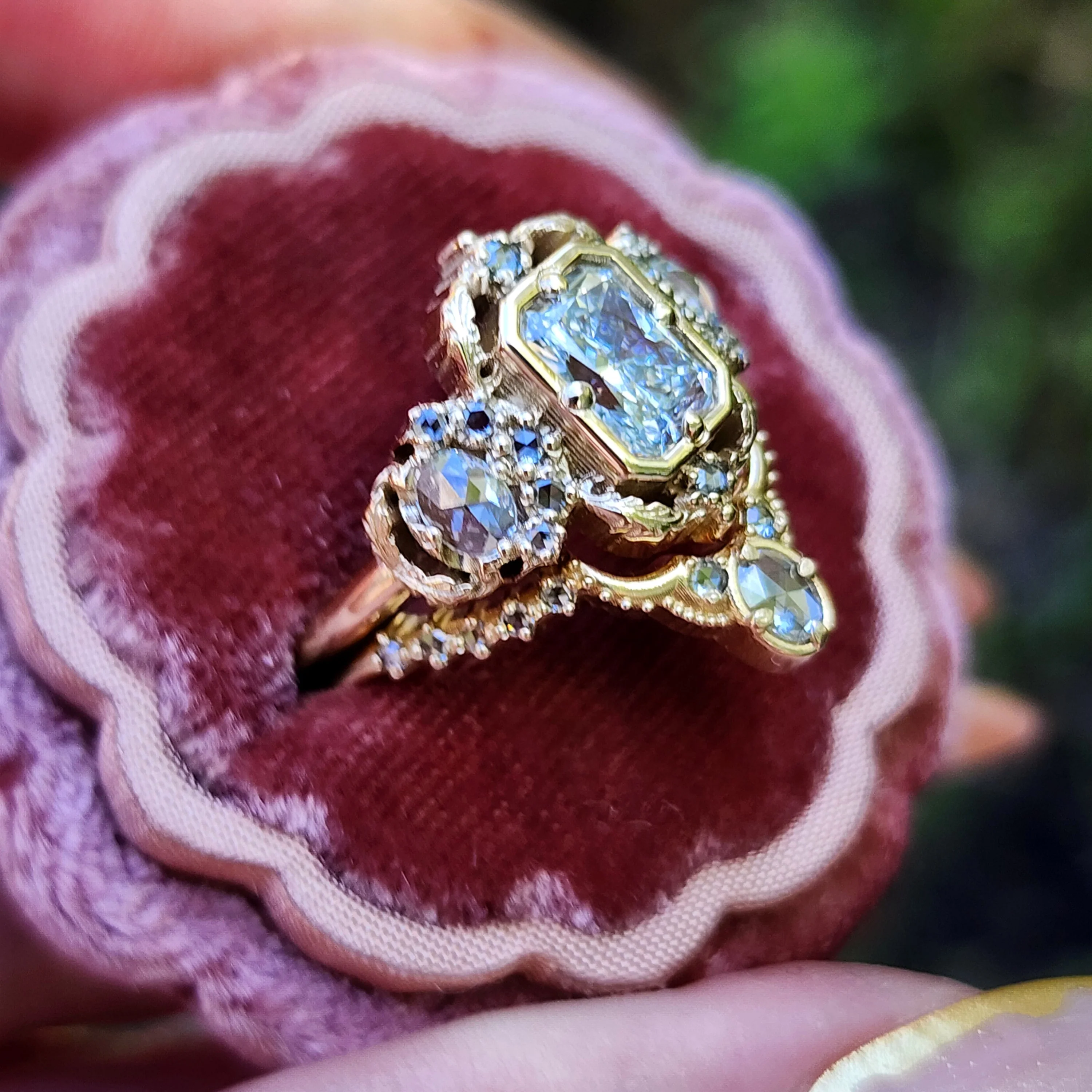 Ready to Ship Size 6-8 Radiant Diamond Goodnight Moon Ring with Rose Cut Diamonds and Fancy Gold Scrollwork - Fantasy Filigree 14k Yellow Gold - Image 10
