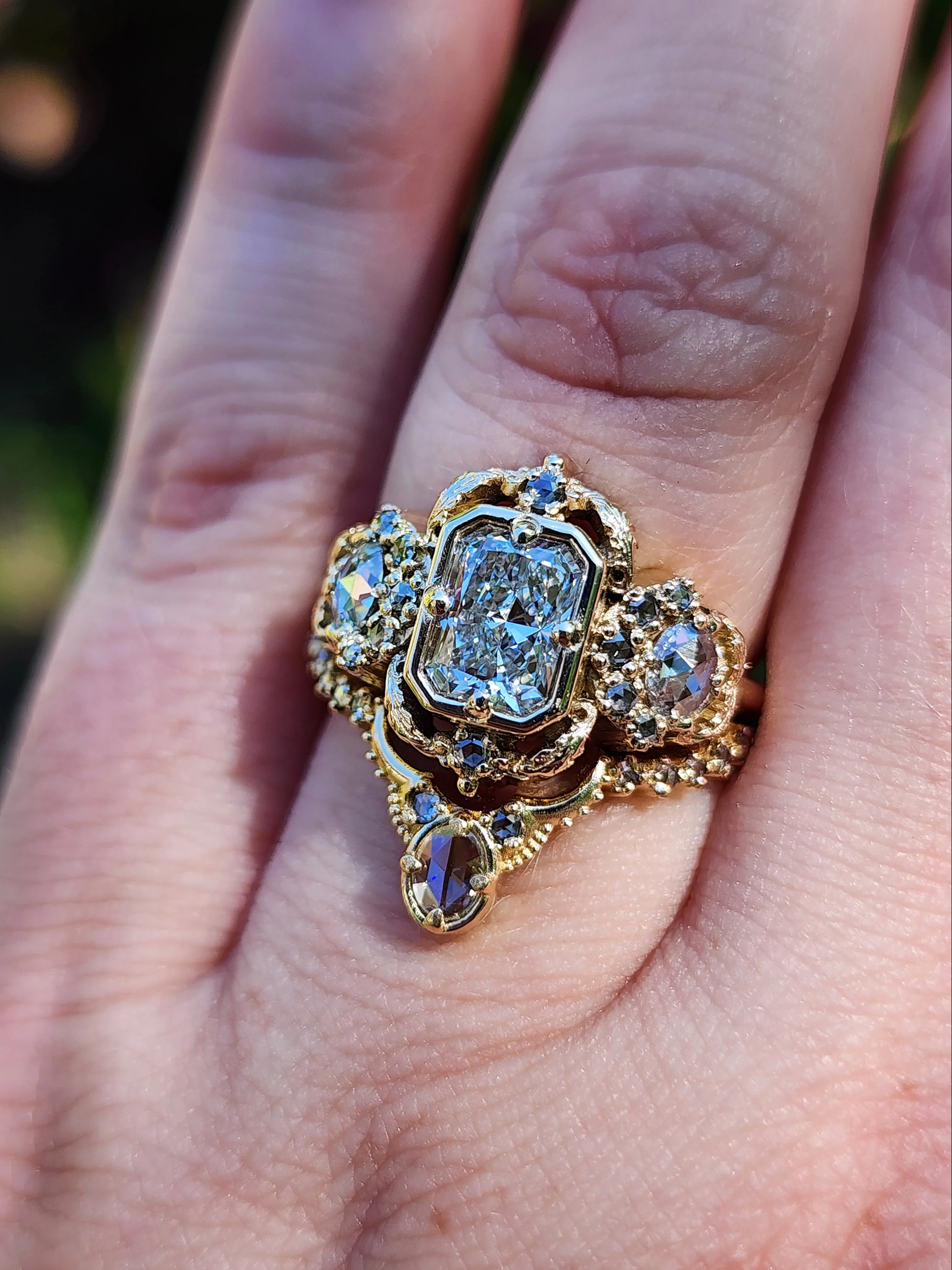 Ready to Ship Size 6-8 Radiant Diamond Goodnight Moon Ring with Rose Cut Diamonds and Fancy Gold Scrollwork - Fantasy Filigree 14k Yellow Gold - Image 14