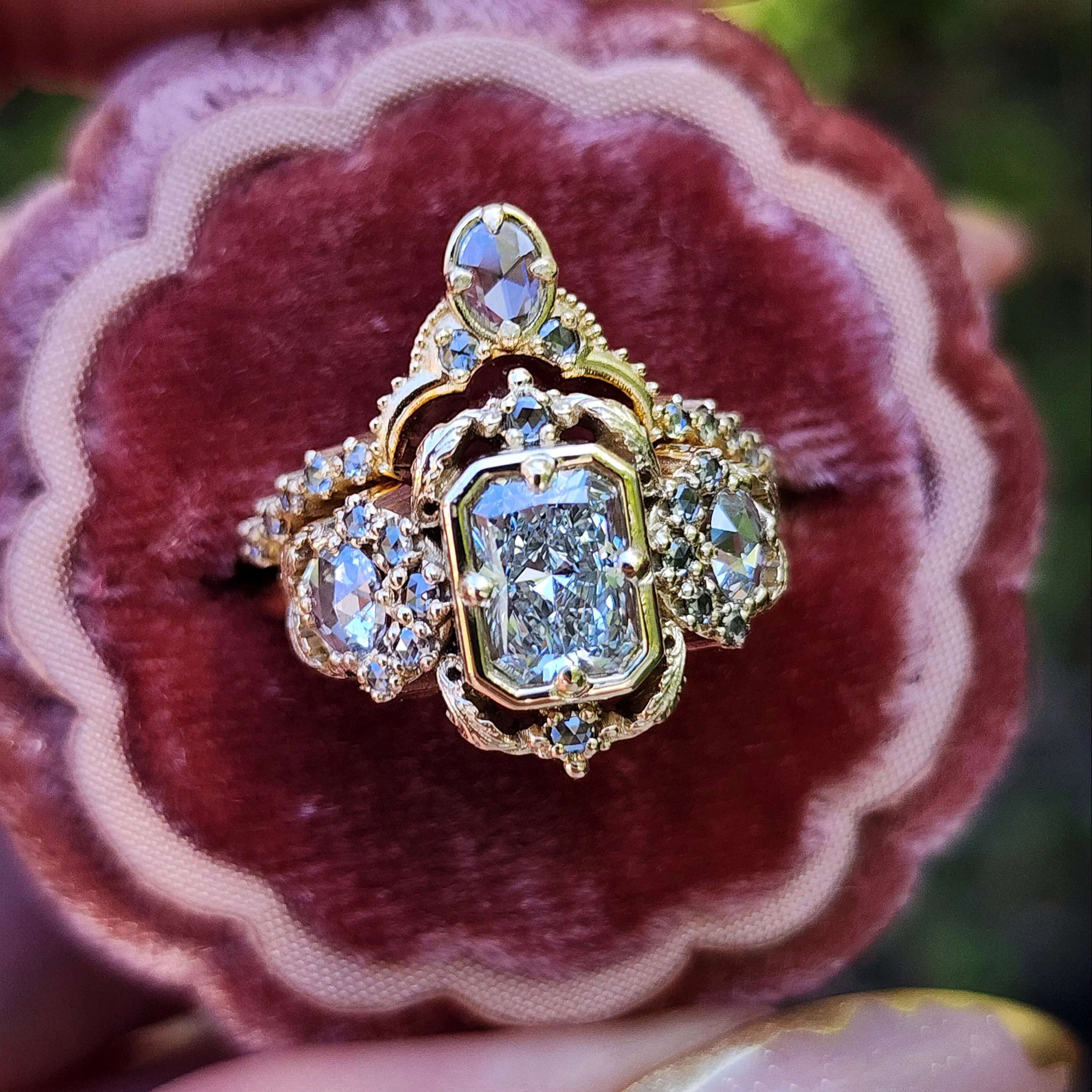 Ready to Ship Size 6-8 Radiant Diamond Goodnight Moon Ring with Rose Cut Diamonds and Fancy Gold Scrollwork - Fantasy Filigree 14k Yellow Gold - Image 3