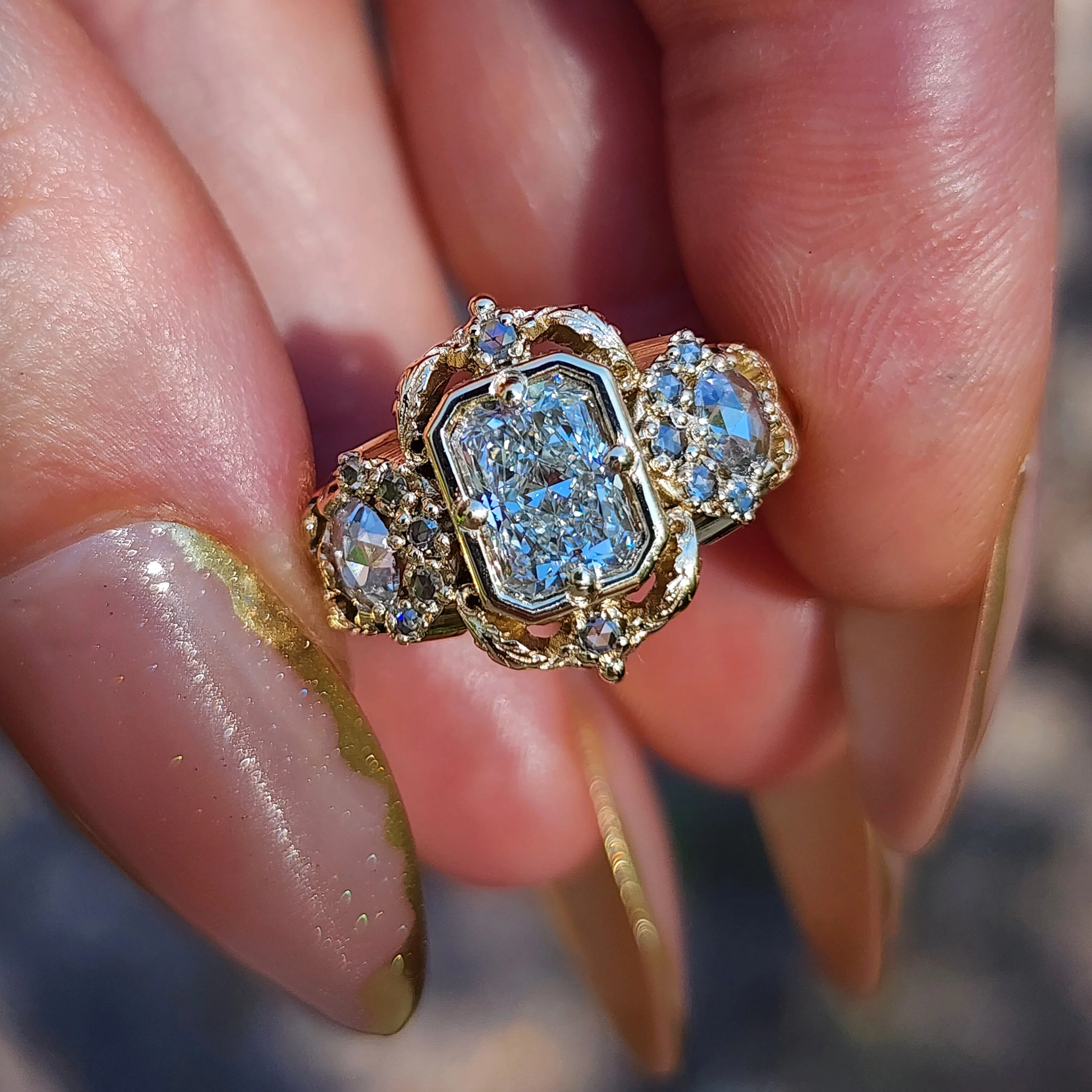 Ready to Ship Size 6-8 Radiant Diamond Goodnight Moon Ring with Rose Cut Diamonds and Fancy Gold Scrollwork - Fantasy Filigree 14k Yellow Gold - Image 4