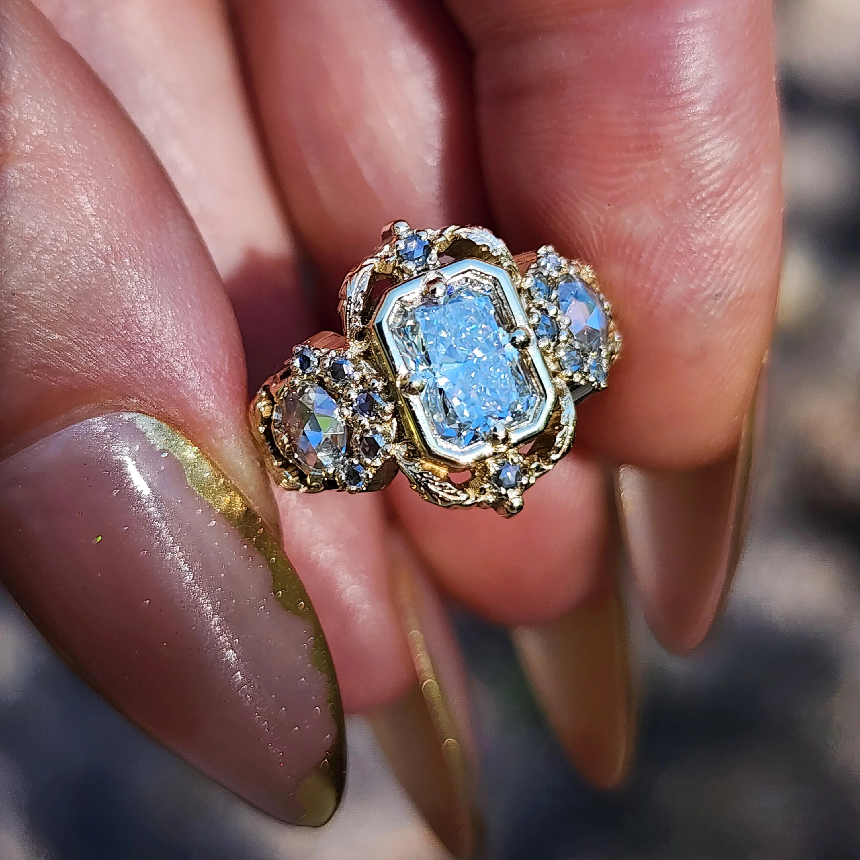 Ready to Ship Size 6-8 Radiant Diamond Goodnight Moon Ring with Rose Cut Diamonds and Fancy Gold Scrollwork - Fantasy Filigree 14k Yellow Gold - Image 5