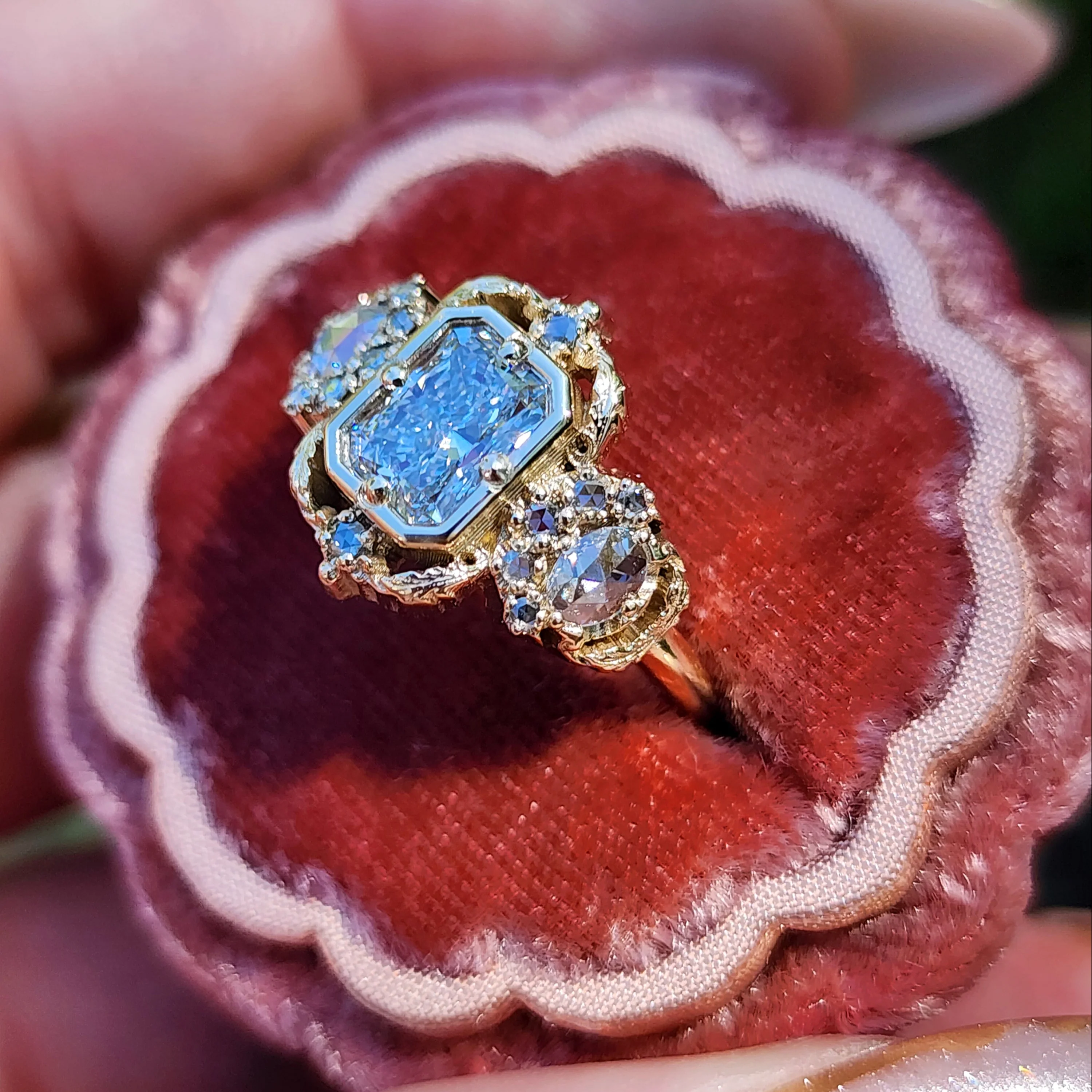 Ready to Ship Size 6-8 Radiant Diamond Goodnight Moon Ring with Rose Cut Diamonds and Fancy Gold Scrollwork - Fantasy Filigree 14k Yellow Gold - Image 6