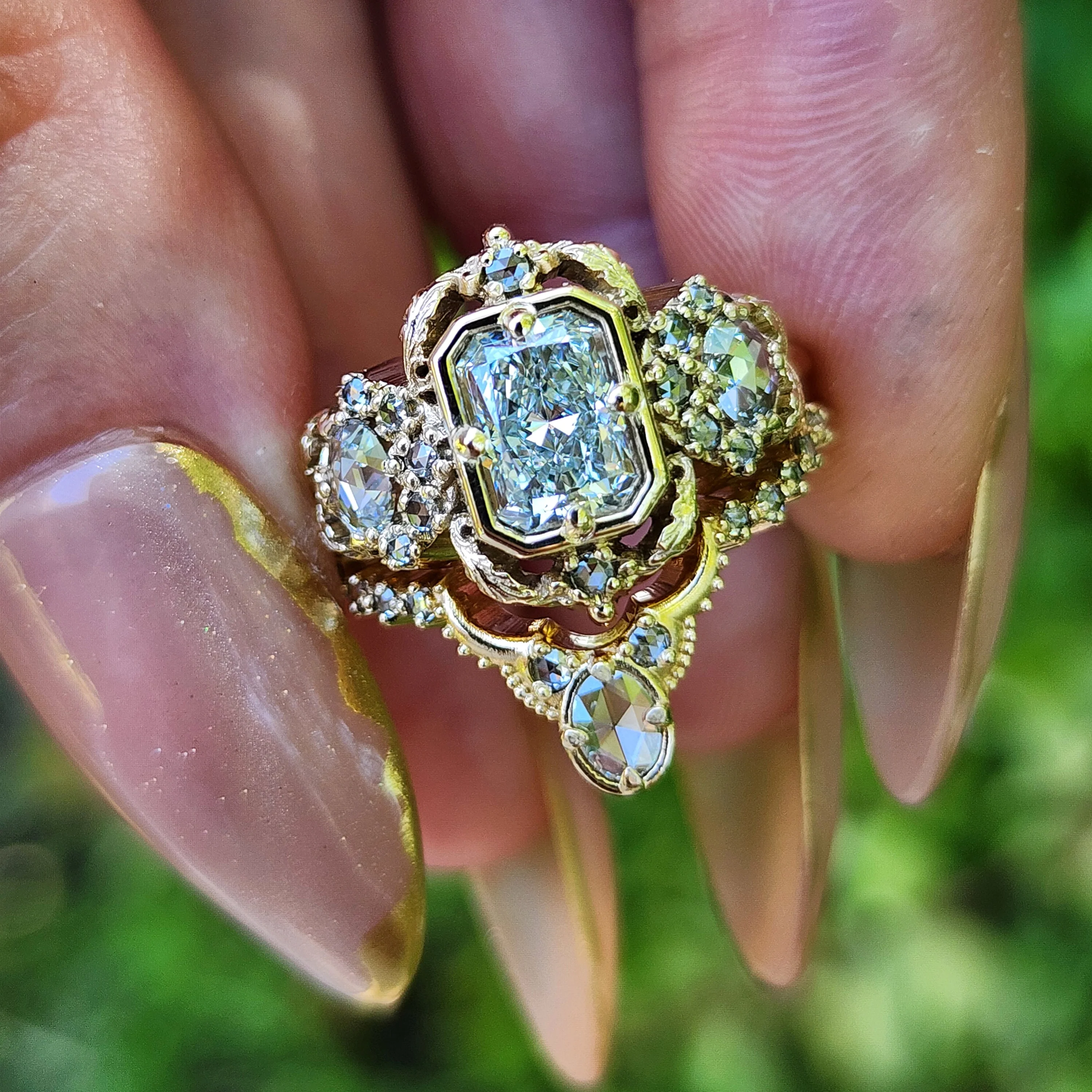 Ready to Ship Size 6-8 Radiant Diamond Goodnight Moon Ring with Rose Cut Diamonds and Fancy Gold Scrollwork - Fantasy Filigree 14k Yellow Gold - Image 7