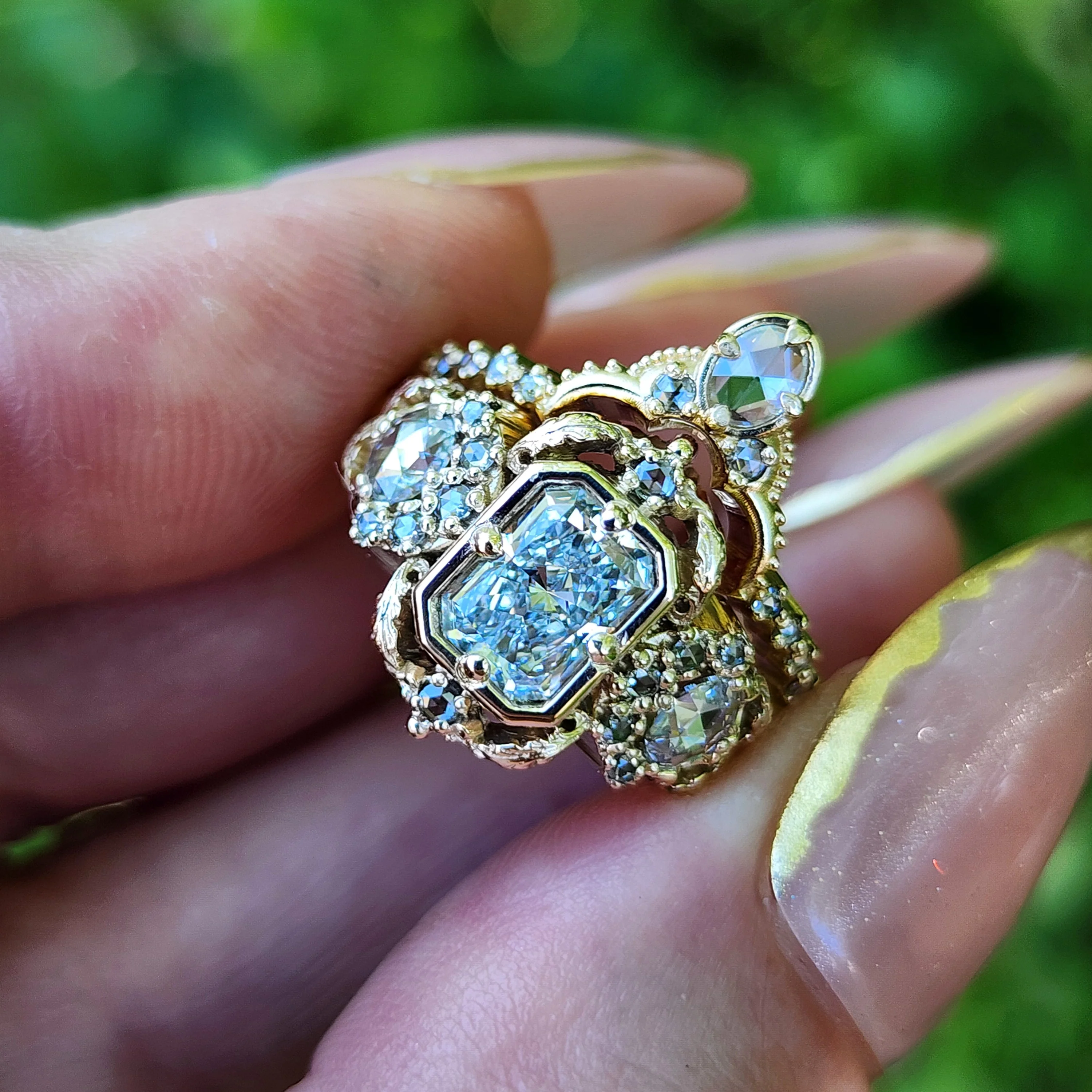 Ready to Ship Size 6-8 Radiant Diamond Goodnight Moon Ring with Rose Cut Diamonds and Fancy Gold Scrollwork - Fantasy Filigree 14k Yellow Gold - Image 8