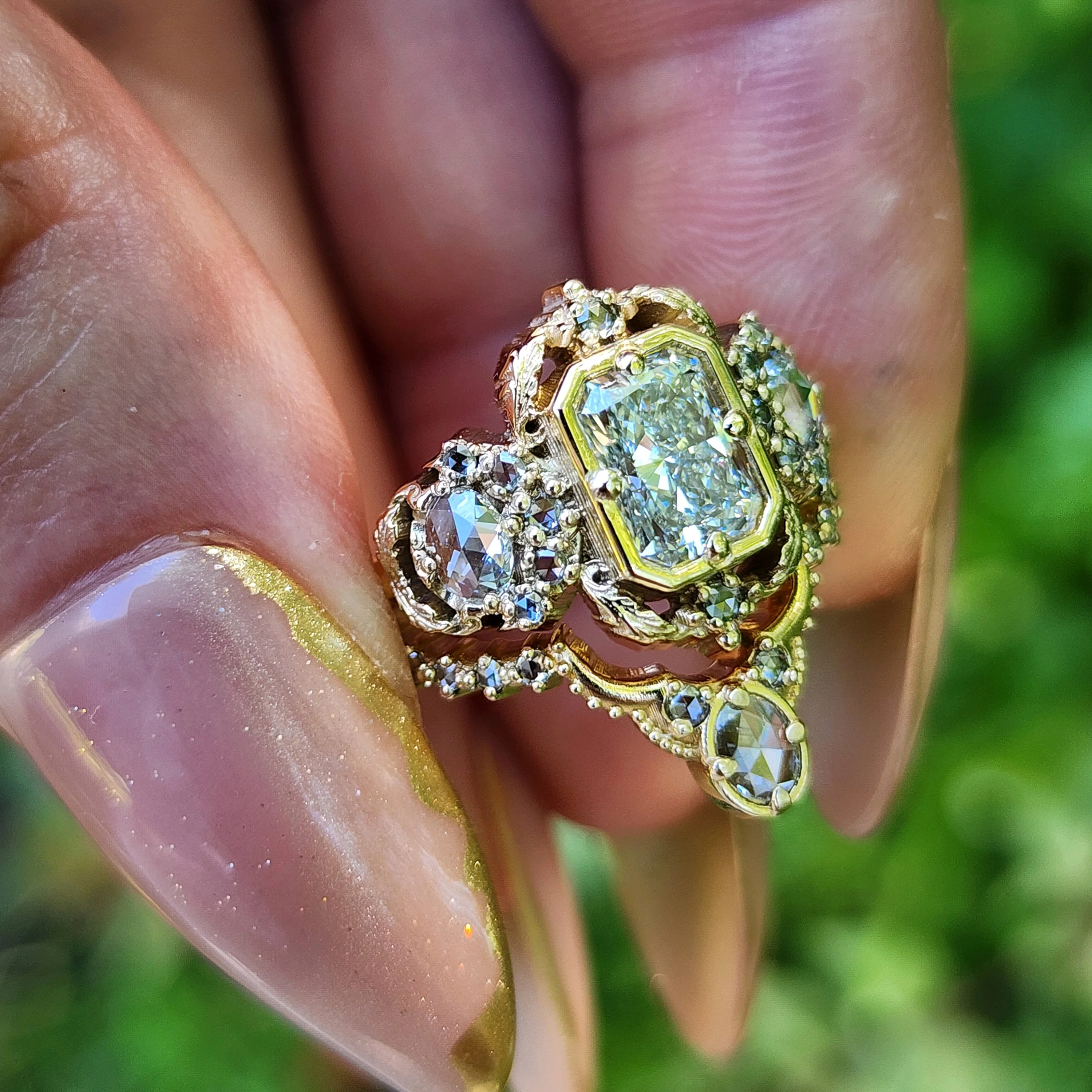 Ready to Ship Size 6-8 Radiant Diamond Goodnight Moon Ring with Rose Cut Diamonds and Fancy Gold Scrollwork - Fantasy Filigree 14k Yellow Gold - Image 9