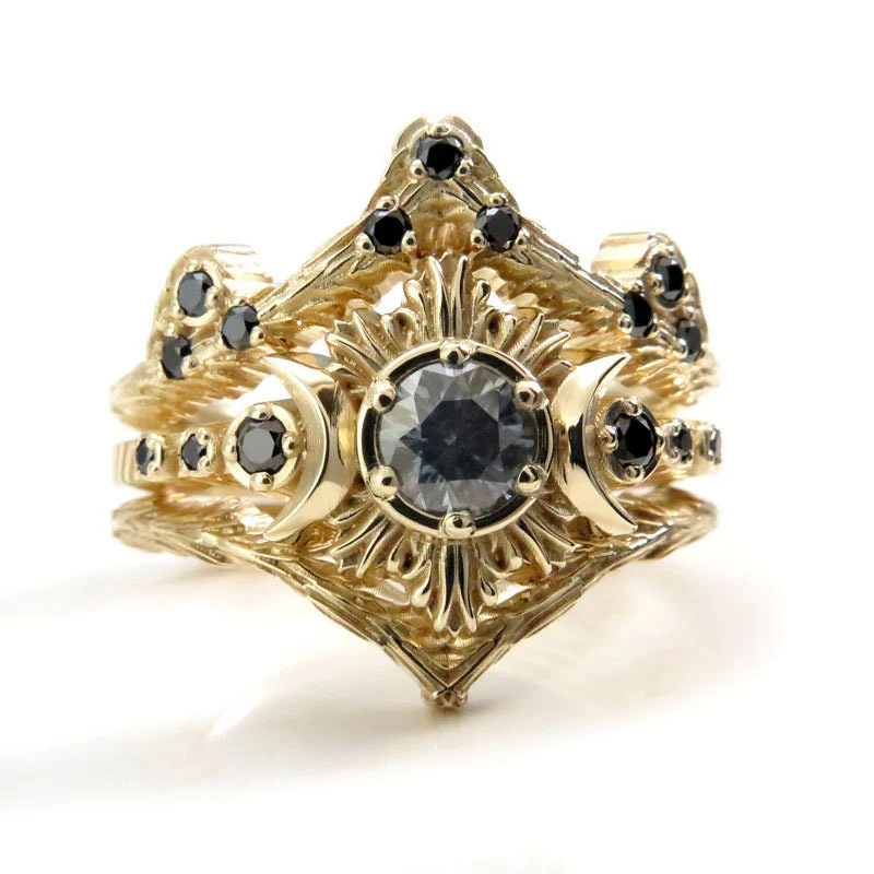 Ready to Ship Size 6 - 8 - Gray Claire De Lune Moissanite Moonfire Engagement Ring with Forest and Mossy Knoll Chevrons - 14k Yellow Gold - Image 3