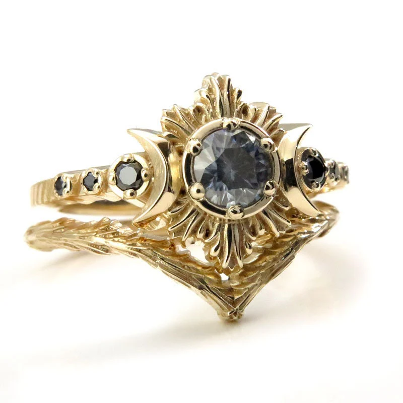 Ready to Ship Size 6 - 8 - Gray Claire De Lune Moissanite Moonfire Engagement Ring with Forest and Mossy Knoll Chevrons - 14k Yellow Gold - Image 4
