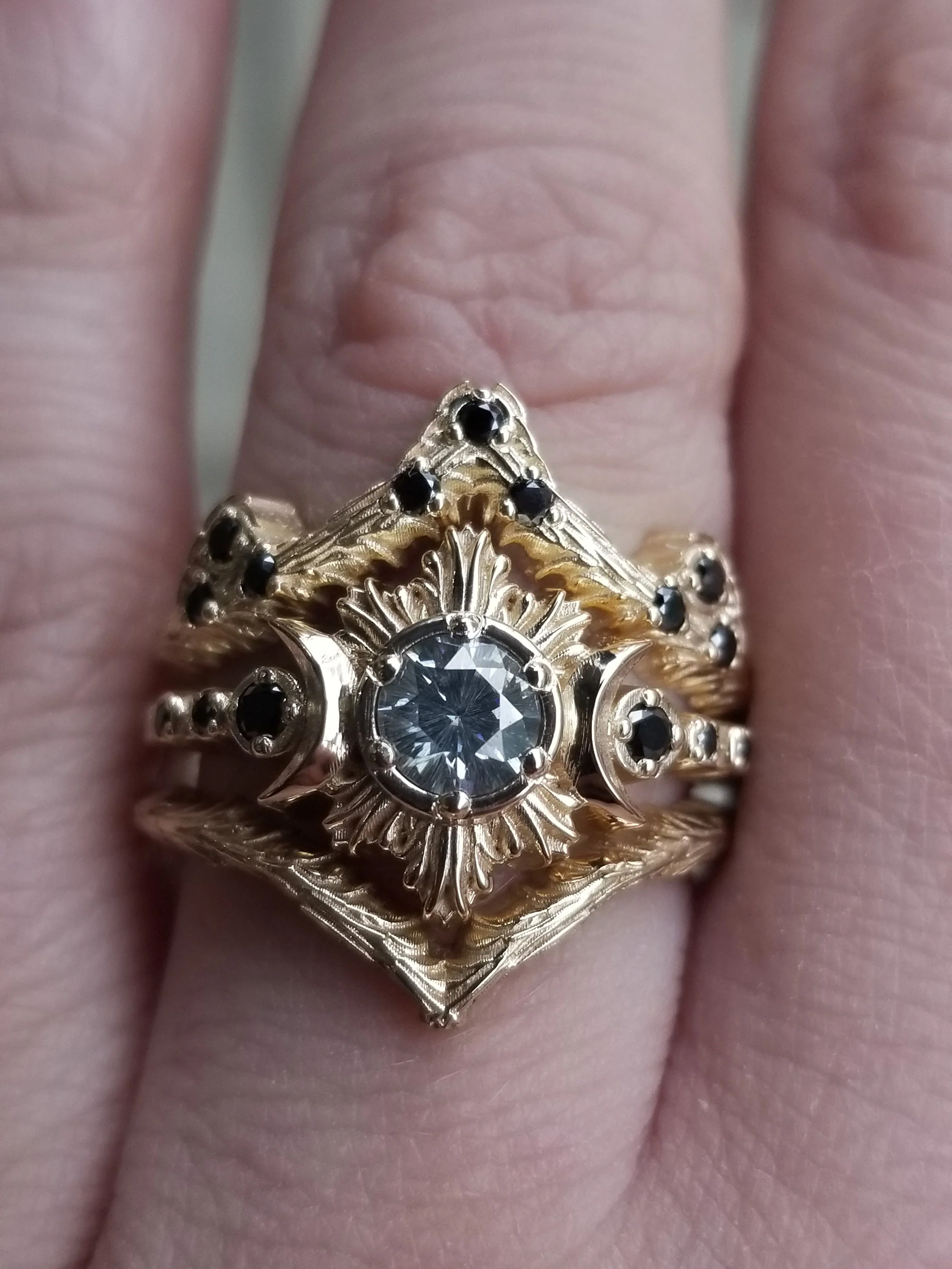 Ready to Ship Size 6 - 8 - Gray Claire De Lune Moissanite Moonfire Engagement Ring with Forest and Mossy Knoll Chevrons - 14k Yellow Gold - Image 7