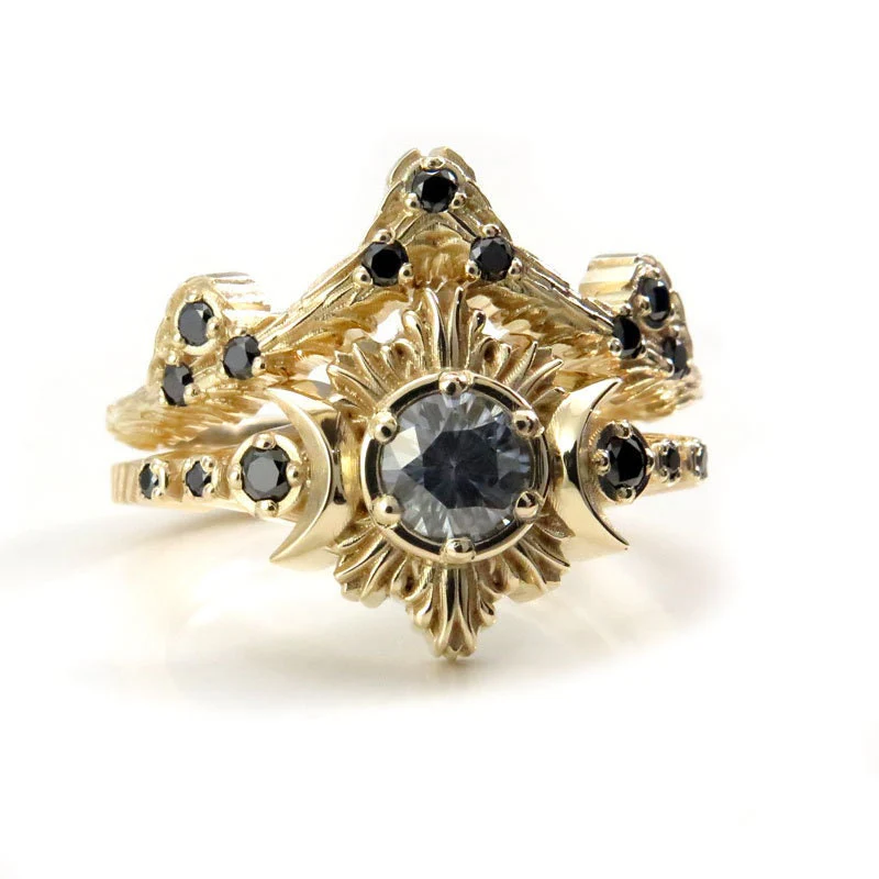 Ready to Ship Size 6 - 8 - Gray Claire De Lune Moissanite Moonfire Engagement Ring with Forest and Mossy Knoll Chevrons - 14k Yellow Gold - Image 9