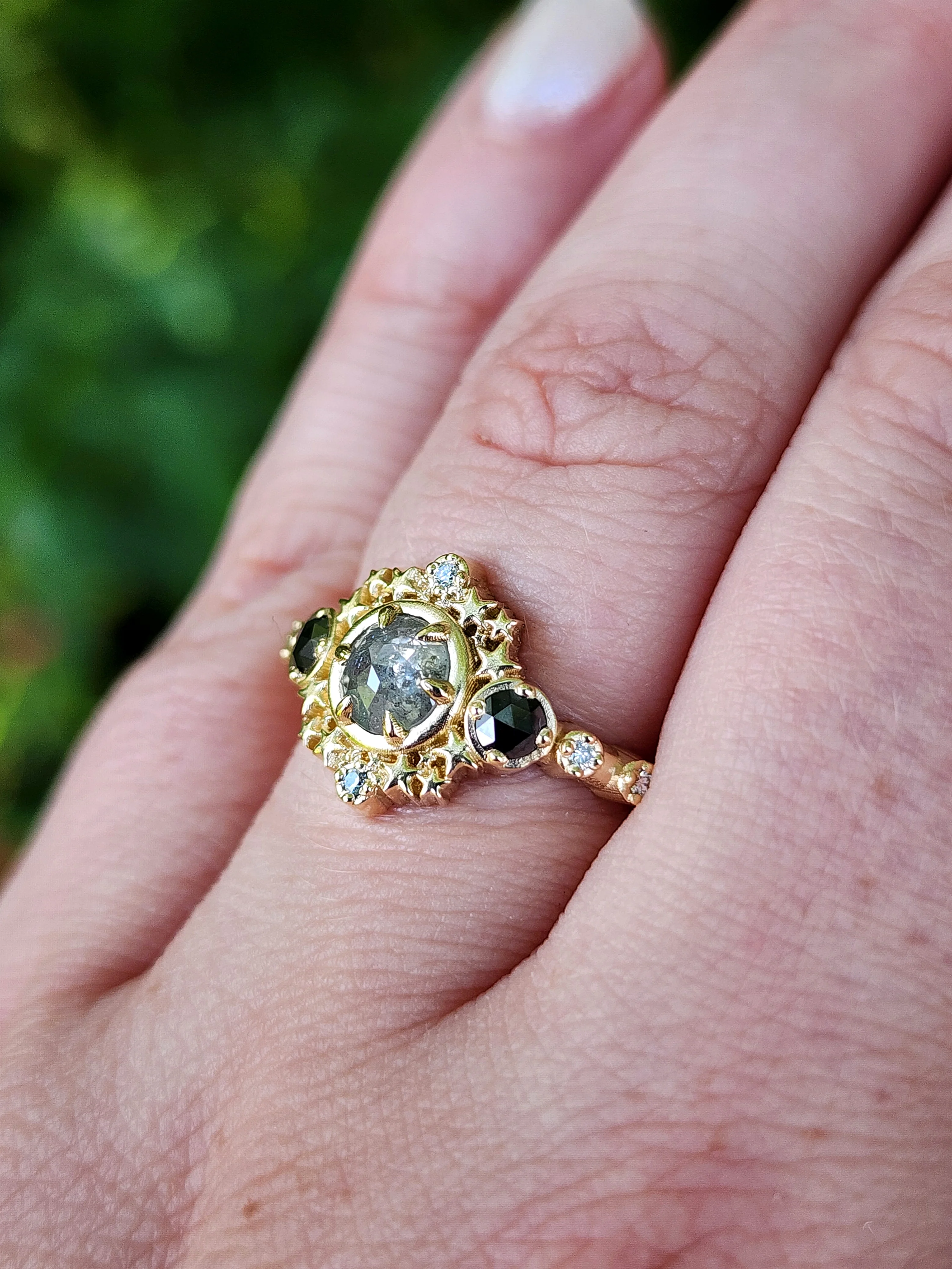 Ready to Ship Size 5 - 7 - Gray Rose Cut Salt and Pepper Diamond Stardust Ring with Black and White Diamonds - 14k Yellow Gold - Dainty Celestial Ring - Image 8