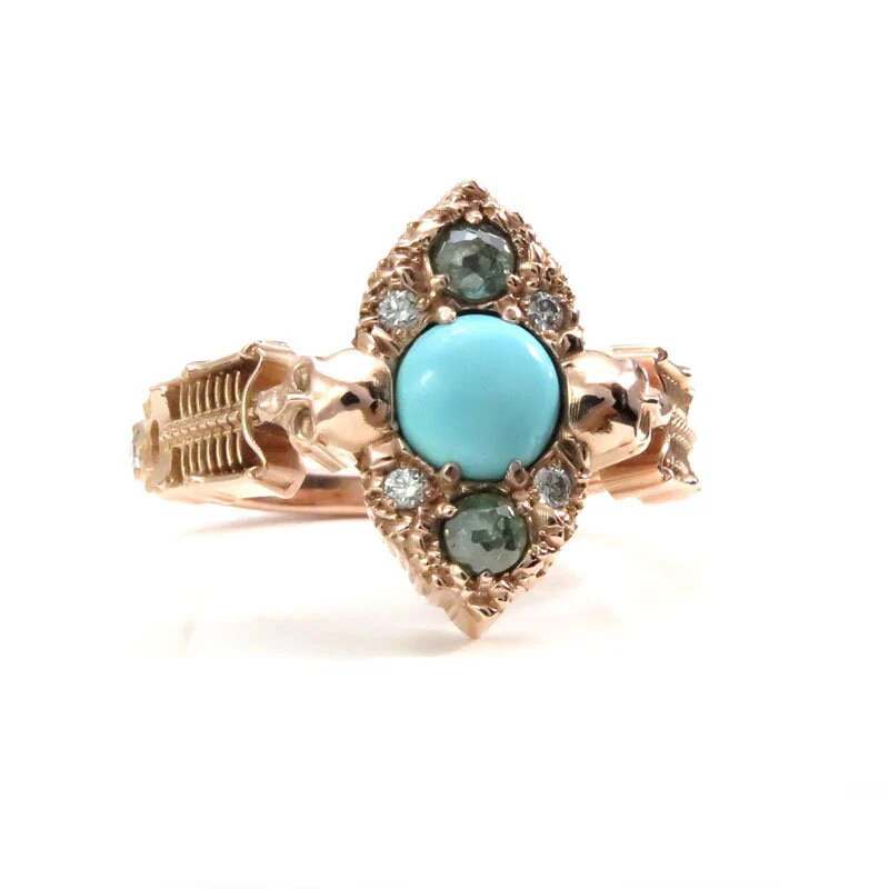 Ready to Ship Size 6 - 8 - Kingman Turquoise Skeleton Engagement Ring with Green & White Diamonds - 14k Rose Gold - Unique Memento Mori - Image 3