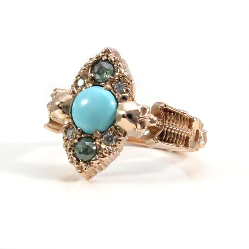 Ready to Ship Size 6 - 8 - Kingman Turquoise Skeleton Engagement Ring with Green & White Diamonds - 14k Rose Gold - Unique Memento Mori - Image 4
