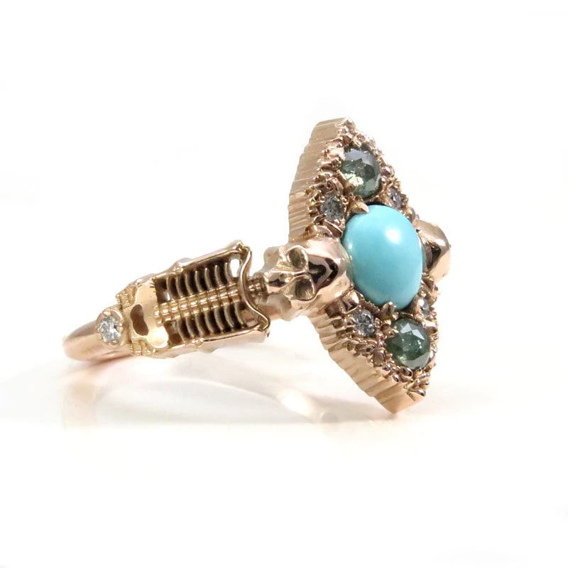 Ready to Ship Size 6 - 8 - Kingman Turquoise Skeleton Engagement Ring with Green & White Diamonds - 14k Rose Gold - Unique Memento Mori - Image 7