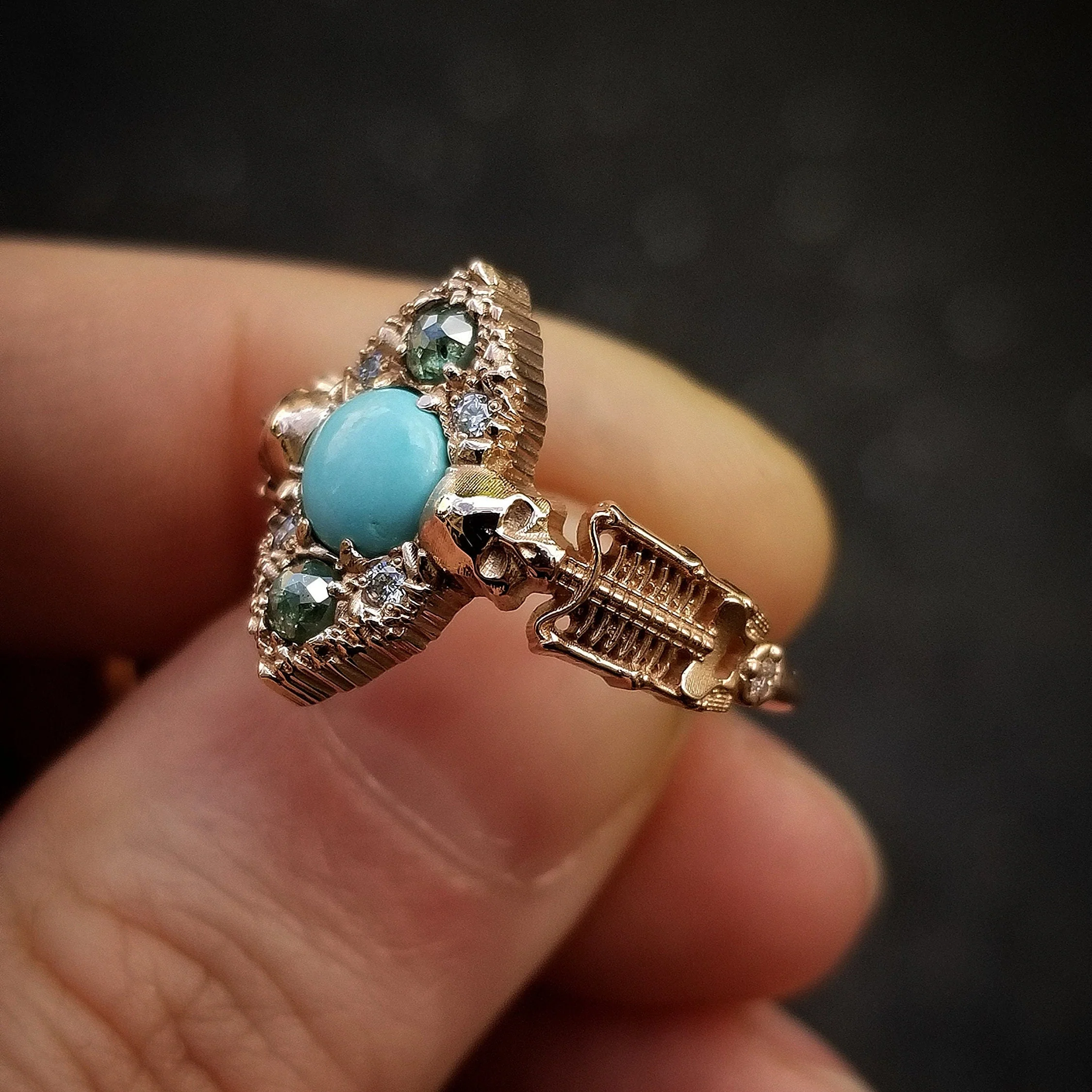 Ready to Ship Size 6 - 8 - Kingman Turquoise Skeleton Engagement Ring with Green & White Diamonds - 14k Rose Gold - Unique Memento Mori - Image 9