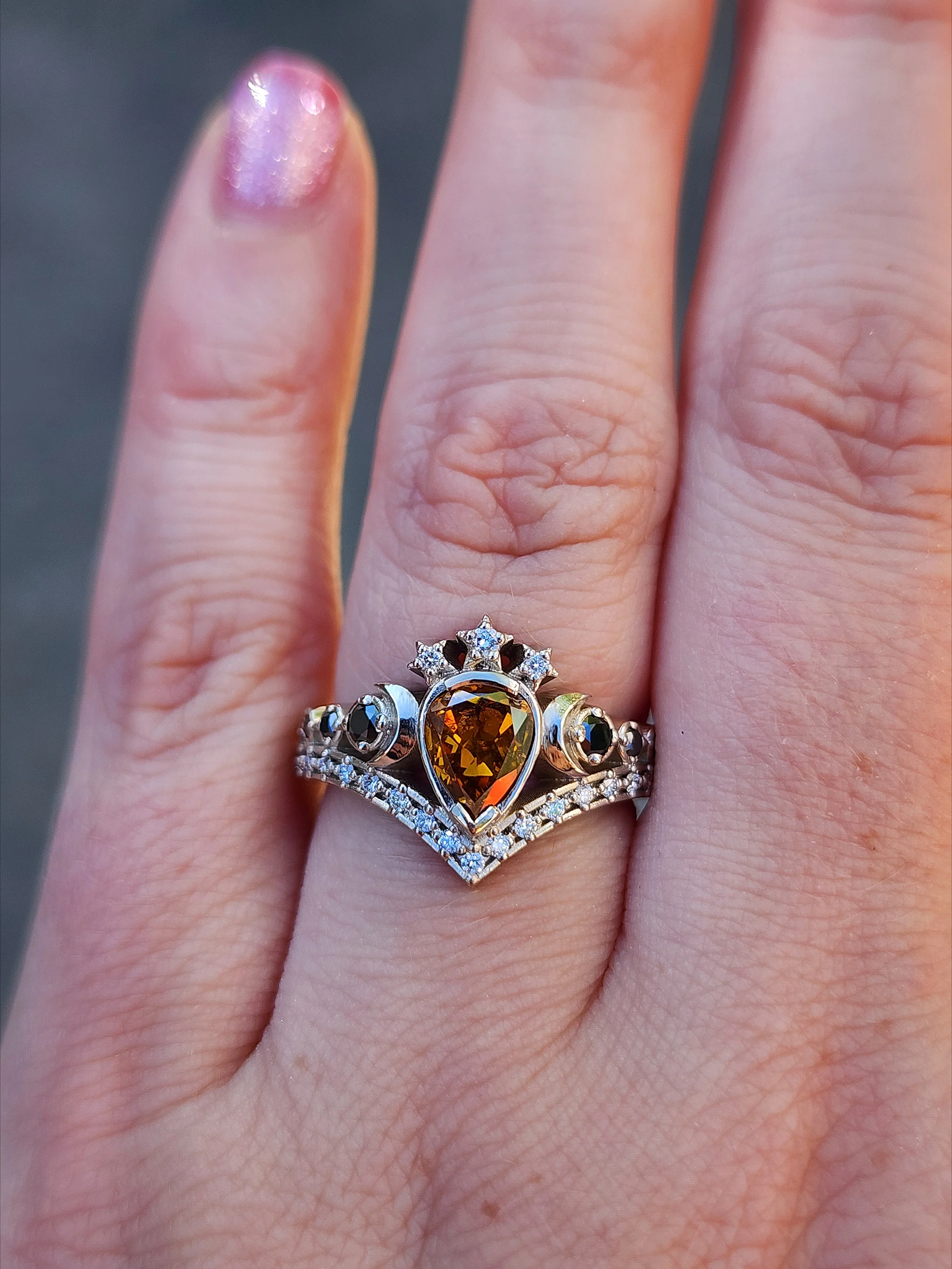 Ready to Ship Size 6 - 8 - Lunar Priestess Diamond Engagement Ring with Pear Champagne Diamond - 14k Palladium White Gold - Image 11