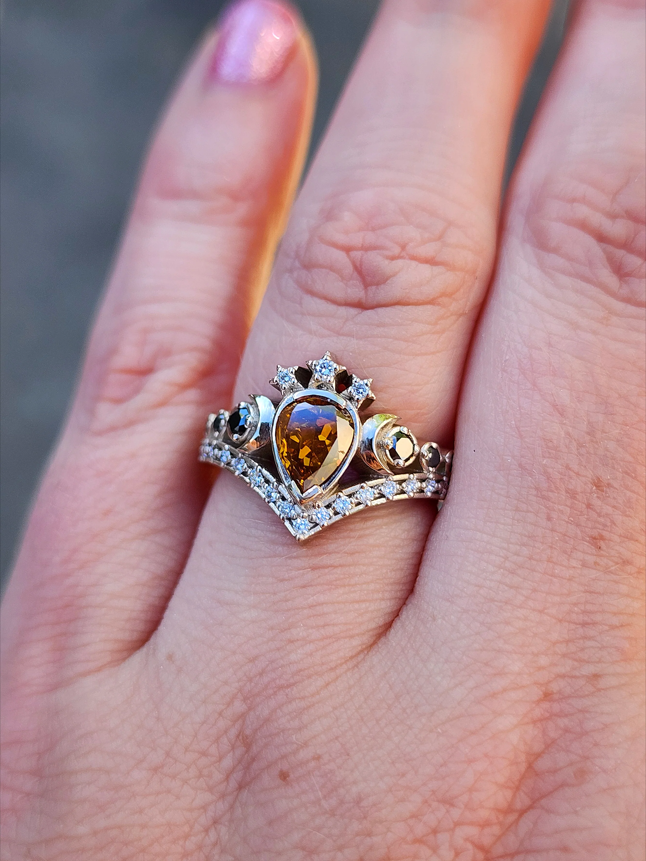 Ready to Ship Size 6 - 8 - Lunar Priestess Diamond Engagement Ring with Pear Champagne Diamond - 14k Palladium White Gold - Image 12