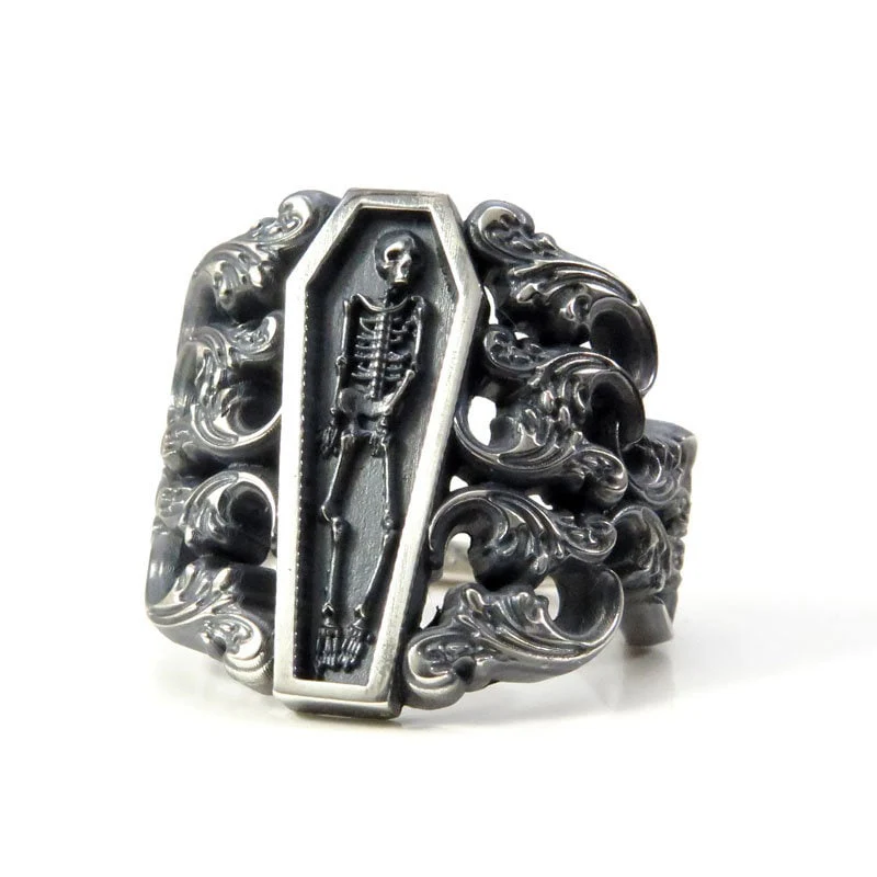 Ready to Ship Size 6 - 8 - Memento Mori Ring with Baroque Silver Scrolls Skeleton Mourning Jewelry - Spooky Halloween Jewelry - Image 2