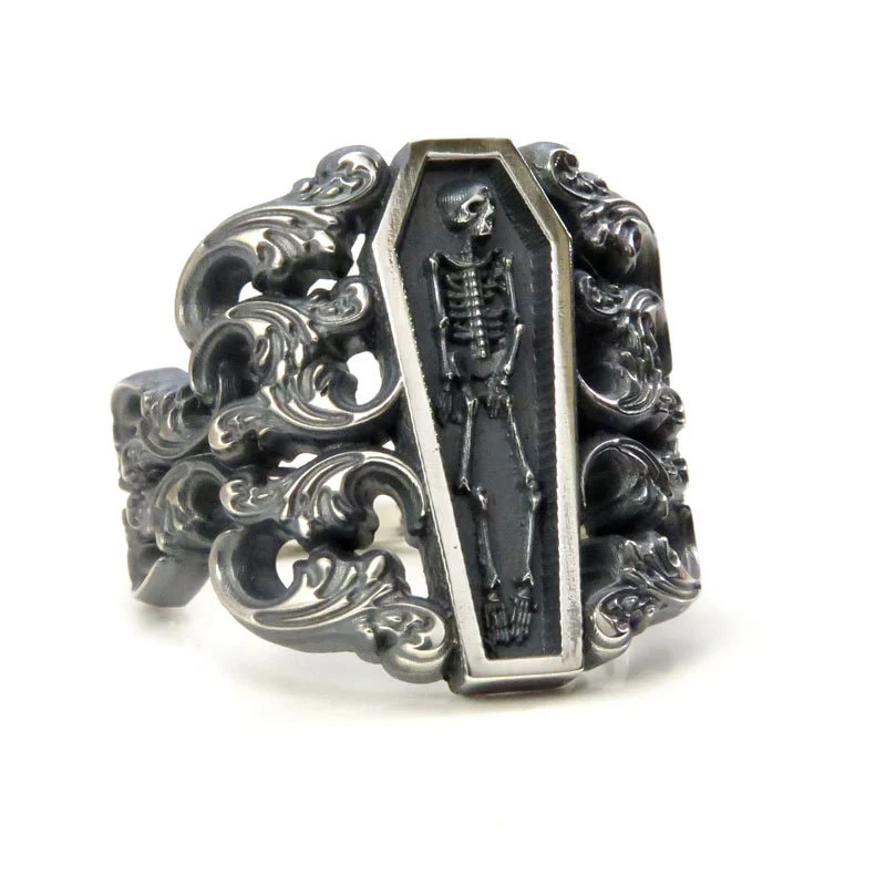 Ready to Ship Size 6 - 8 - Memento Mori Ring with Baroque Silver Scrolls Skeleton Mourning Jewelry - Spooky Halloween Jewelry - Image 5