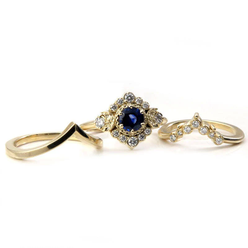 Ready to Ship Size 6 - 8 - Blue Moon Halo Sapphire Engagement Ring Set with Double Chevron Wedding Band - 14k Yellow Gold - Handmade Jewelry - Image 10