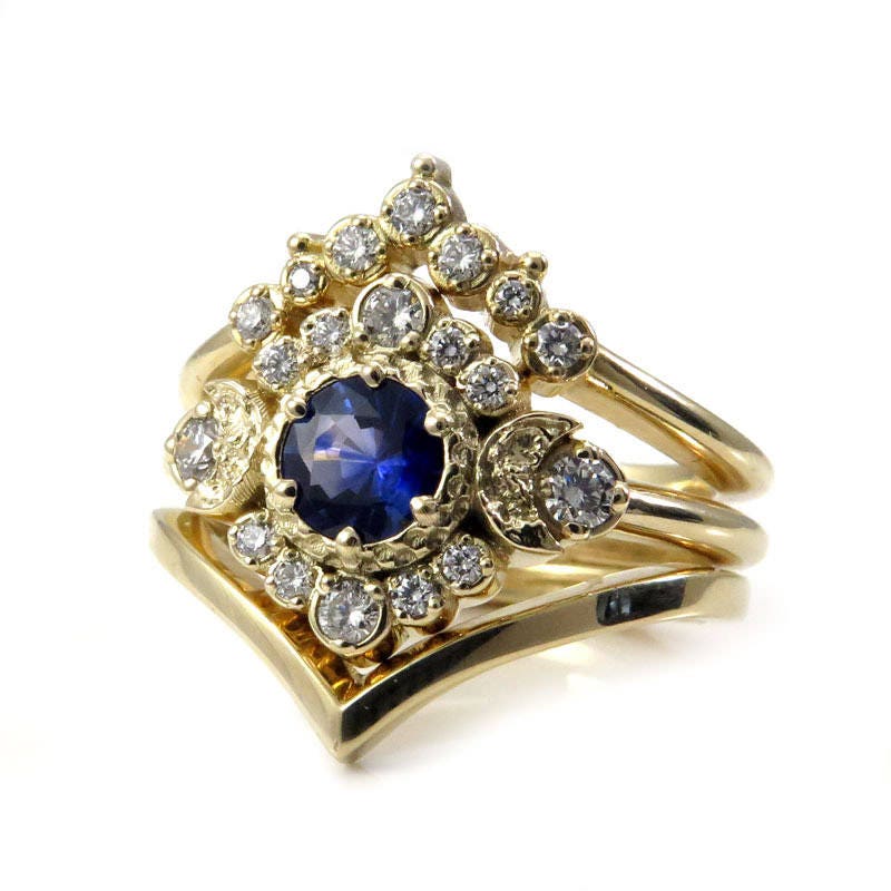 Ready to Ship Size 6 - 8 - Blue Moon Halo Sapphire Engagement Ring Set with Double Chevron Wedding Band - 14k Yellow Gold - Handmade Jewelry - Image 4