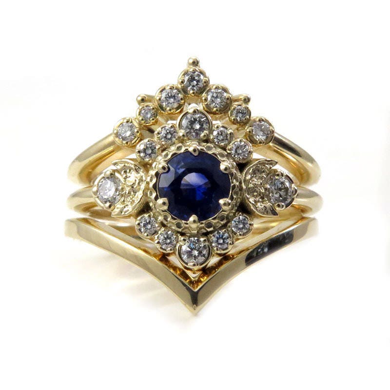 Ready to Ship Size 6 - 8 - Blue Moon Halo Sapphire Engagement Ring Set with Double Chevron Wedding Band - 14k Yellow Gold - Handmade Jewelry - Image 5