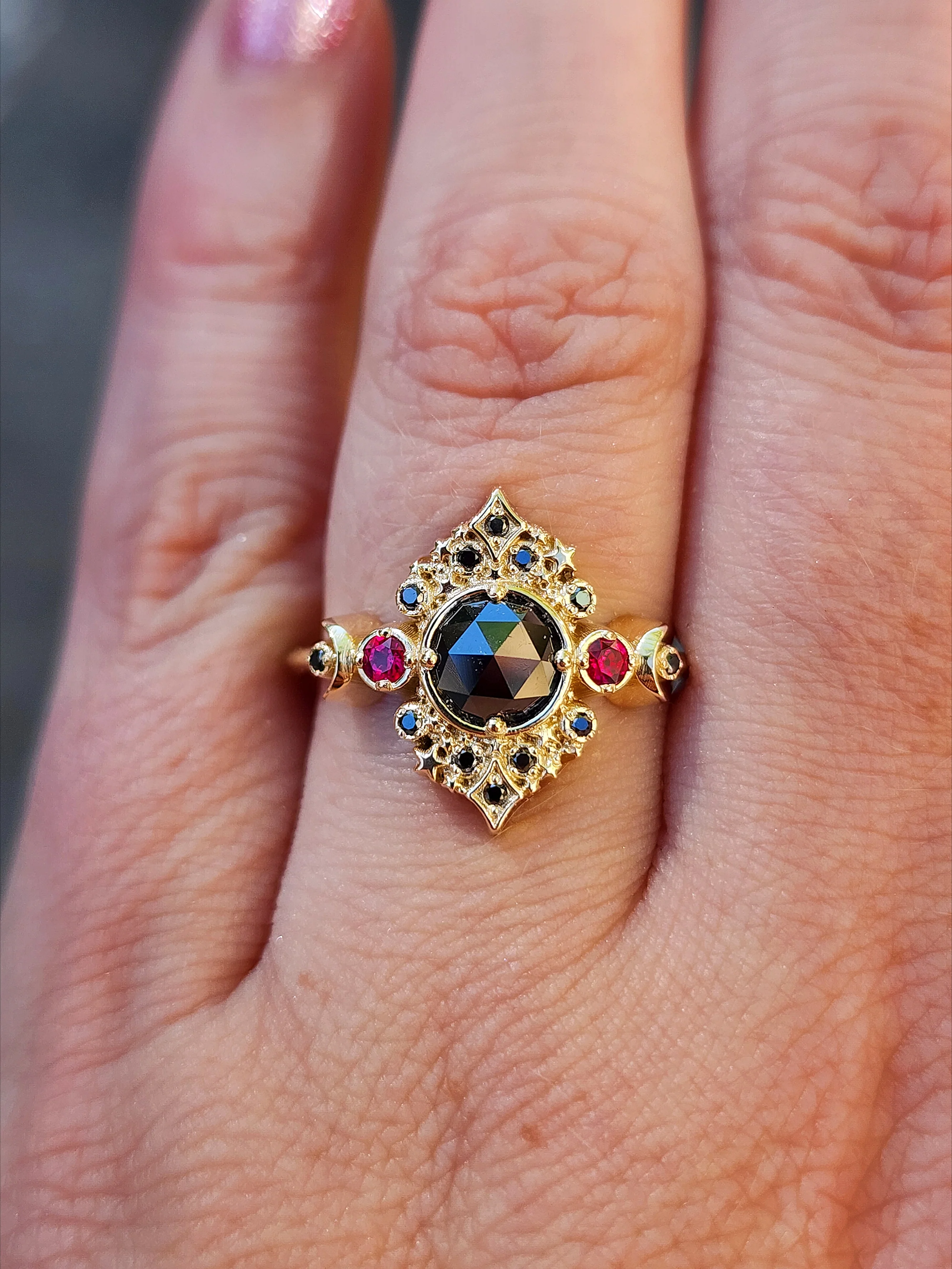 Ready to Ship Size 6-8 Rose Cut Black Diamond Galaxie Lunar Engagement Ring with Chatham Rubies - 14k Yellow Gold - Image 10