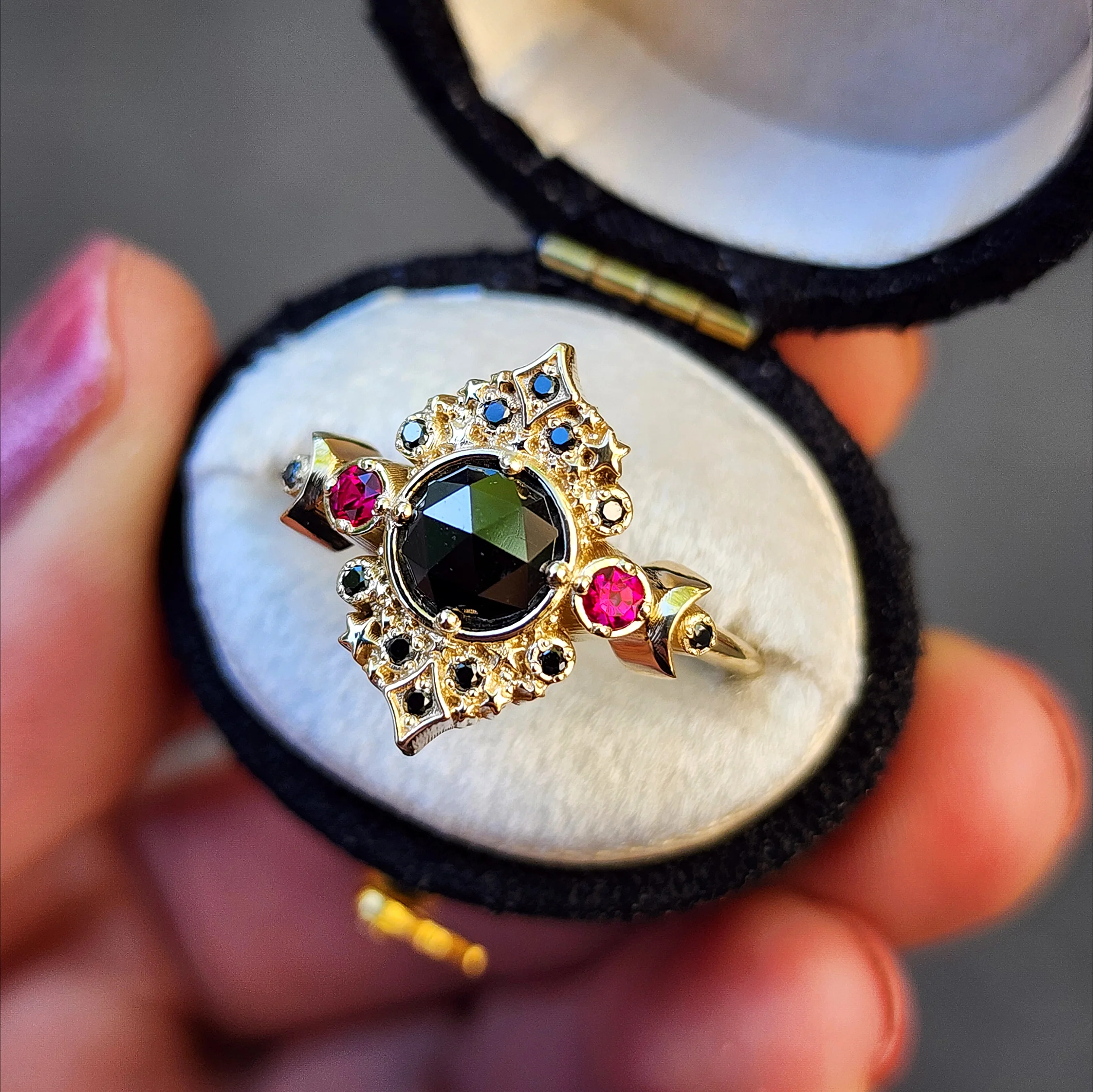 Ready to Ship Size 6-8 Rose Cut Black Diamond Galaxie Lunar Engagement Ring with Chatham Rubies - 14k Yellow Gold - Image 5