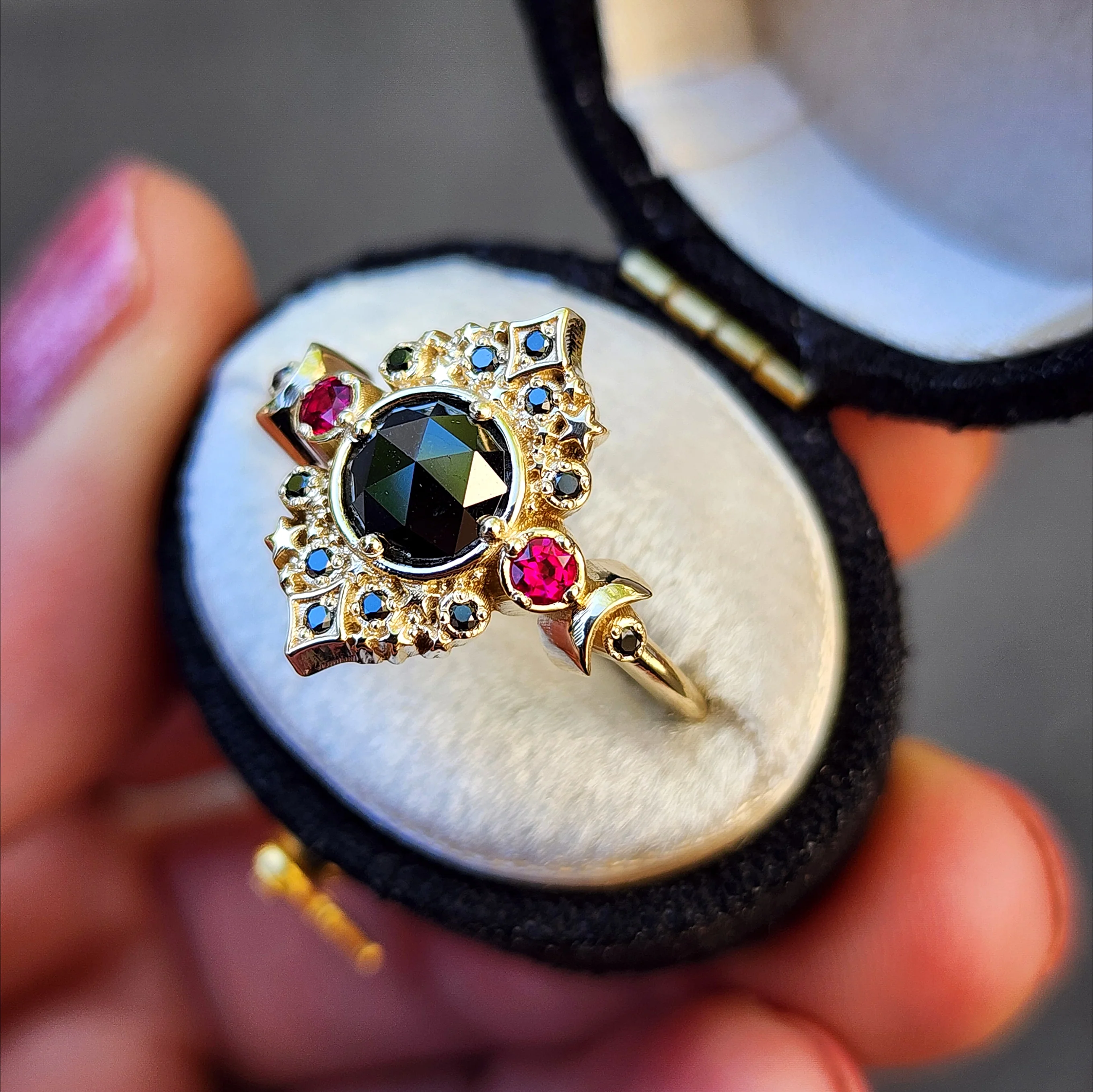 Ready to Ship Size 6-8 Rose Cut Black Diamond Galaxie Lunar Engagement Ring with Chatham Rubies - 14k Yellow Gold - Image 6