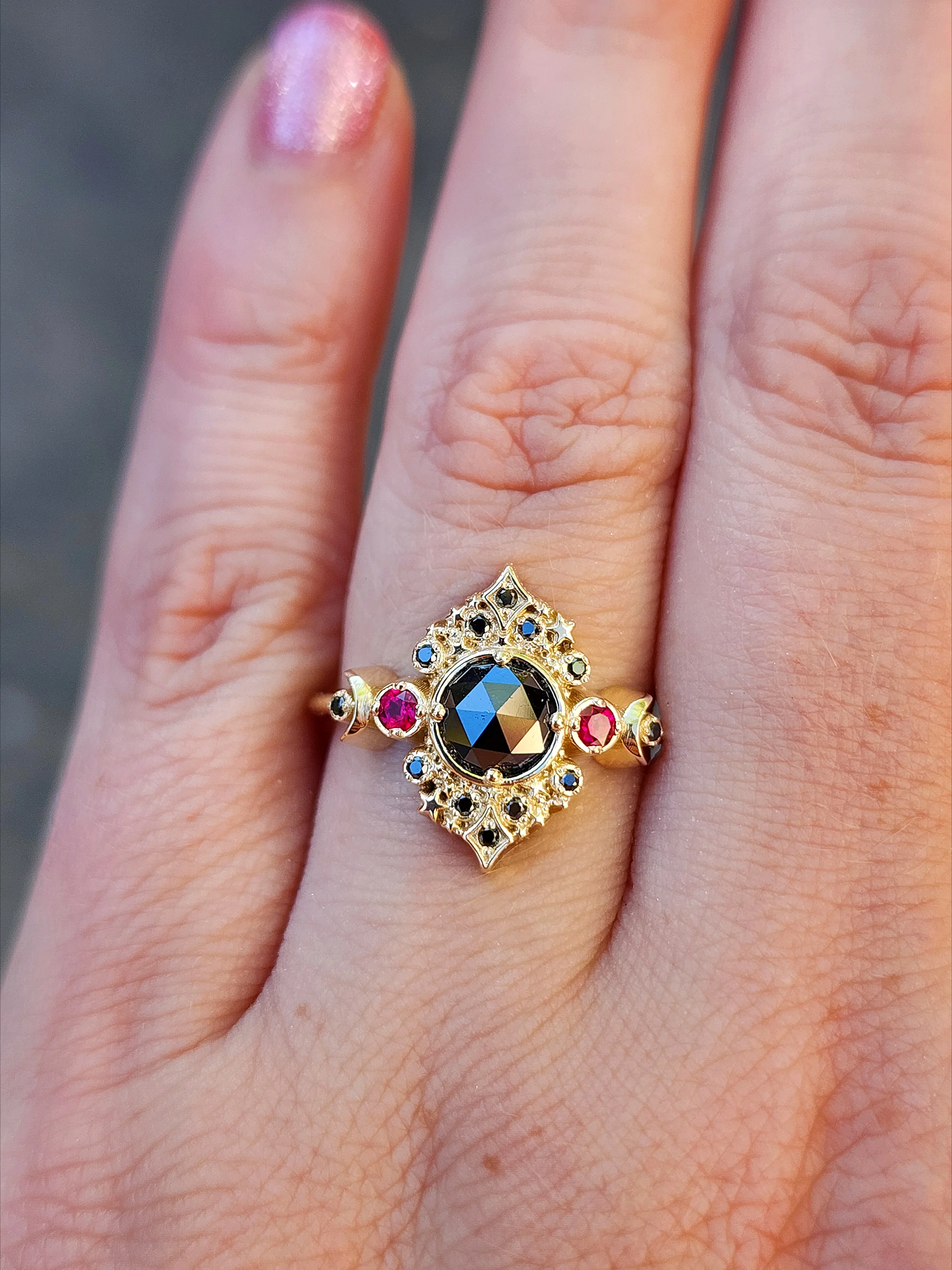 Ready to Ship Size 6-8 Rose Cut Black Diamond Galaxie Lunar Engagement Ring with Chatham Rubies - 14k Yellow Gold - Image 8