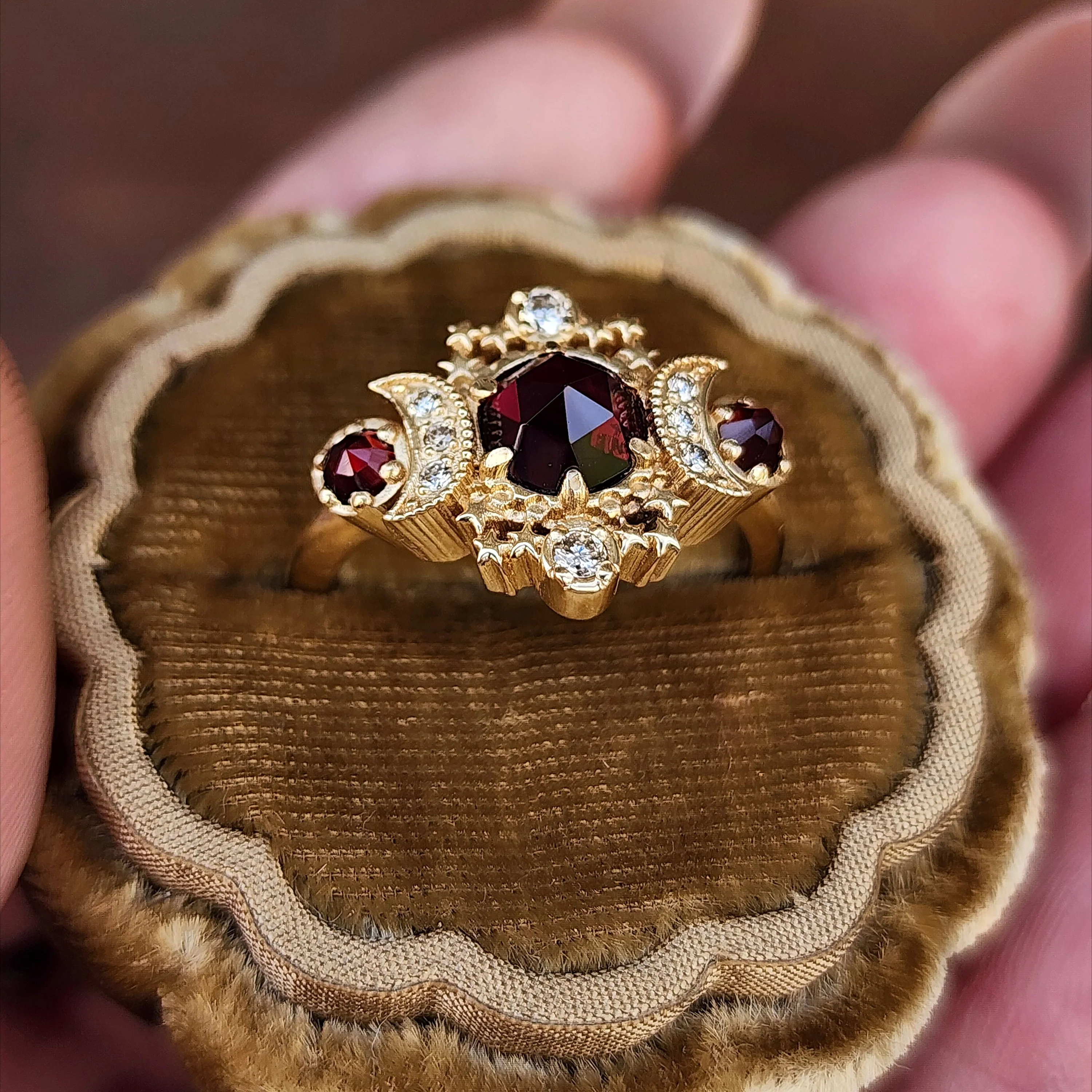 Ready to Ship Size 6 - 8 Rose Cut Red Garnet Cosmos Engagement Ring with Honey Champagne Diamonds - 14k Yellow Gold - Image 5