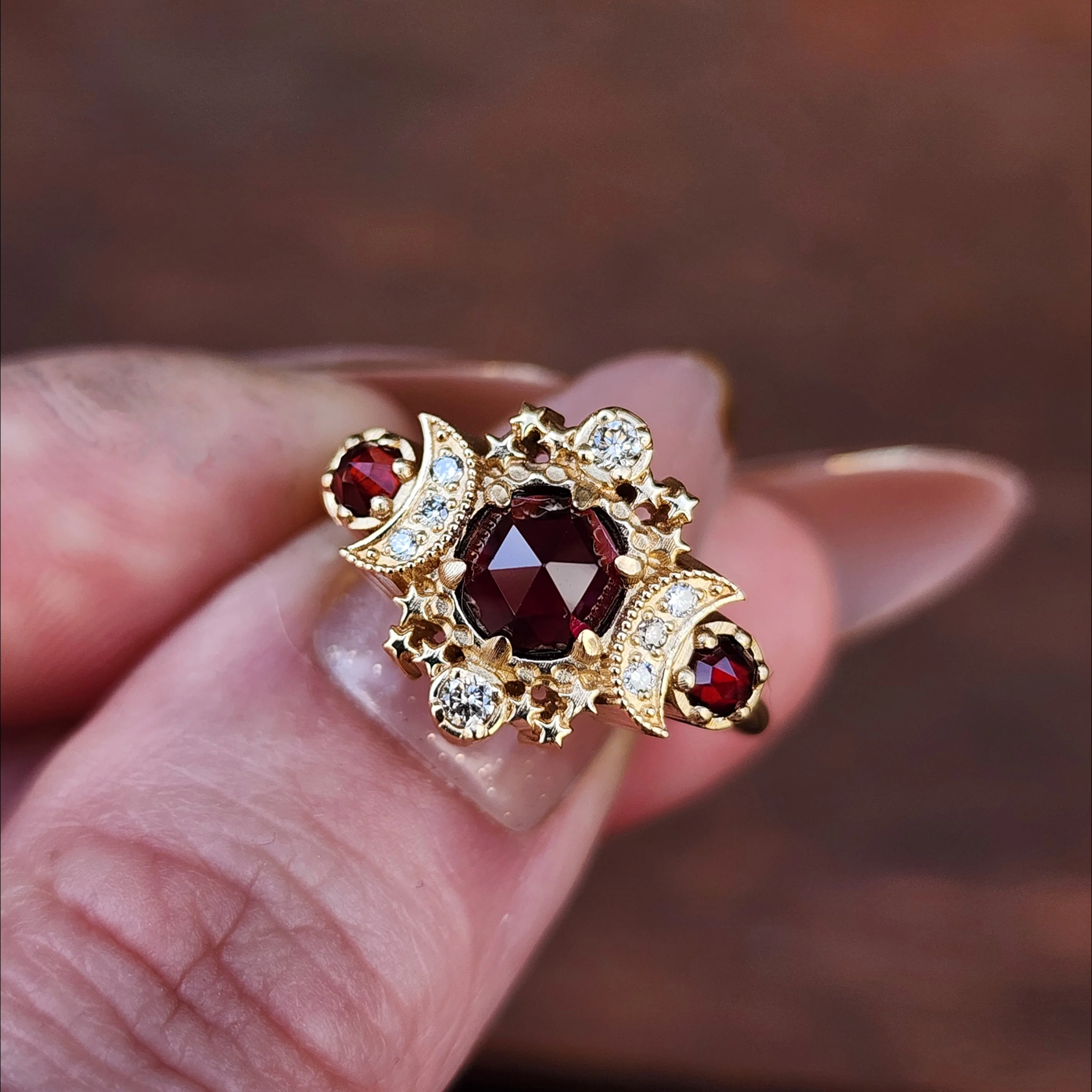 Ready to Ship Size 6 - 8 Rose Cut Red Garnet Cosmos Engagement Ring with Honey Champagne Diamonds - 14k Yellow Gold - Image 6
