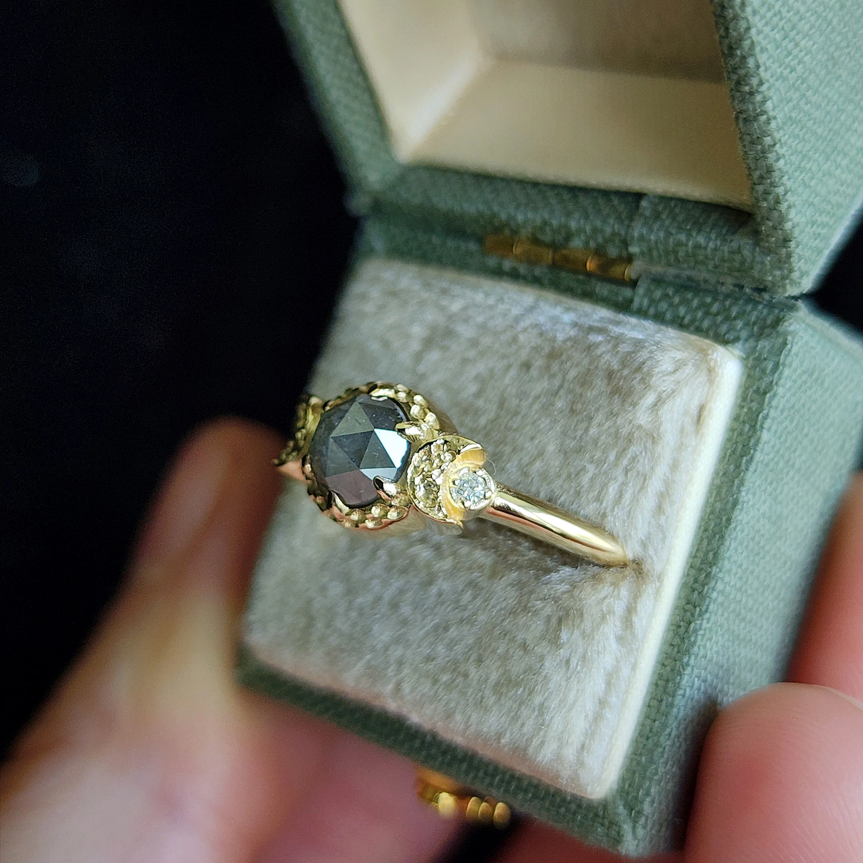 Ready to Ship Size 6-8 - Rose Cut Salt & Pepper Diamond Ring with Crescent Moons - 14k Yellow Gold - Image 5