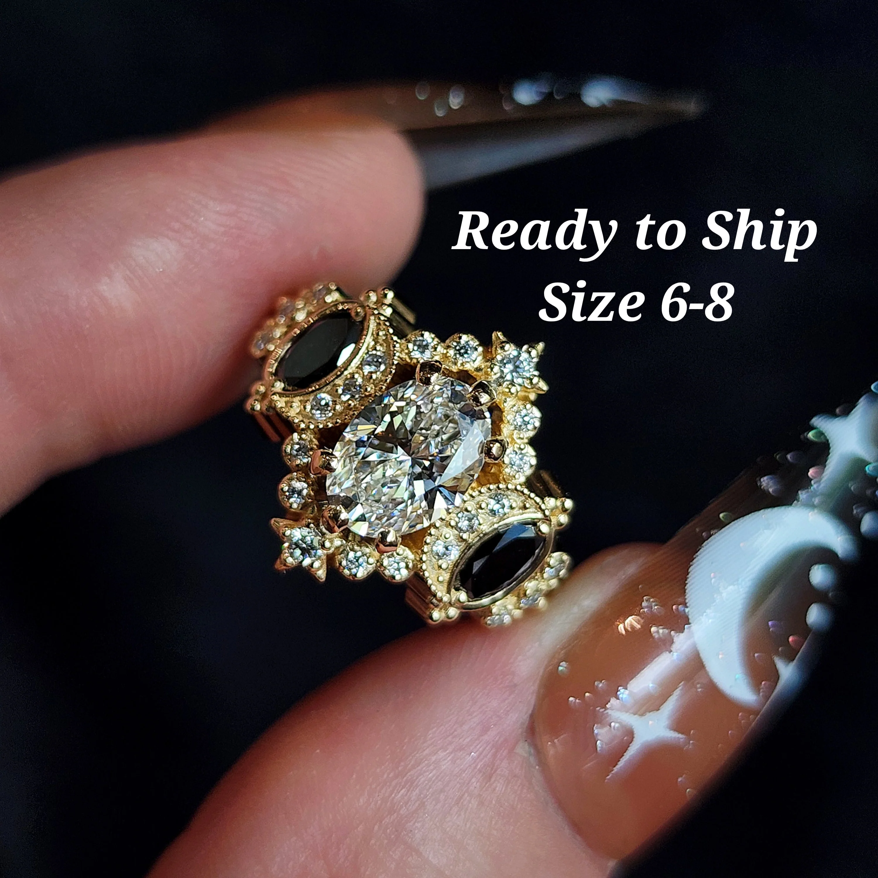 Ready to Ship Size 6-8 - Sabrina Witchy Engagement Ring with Diamond Stars and Oval Black Diamond Side Gems 14k Yellow Gold