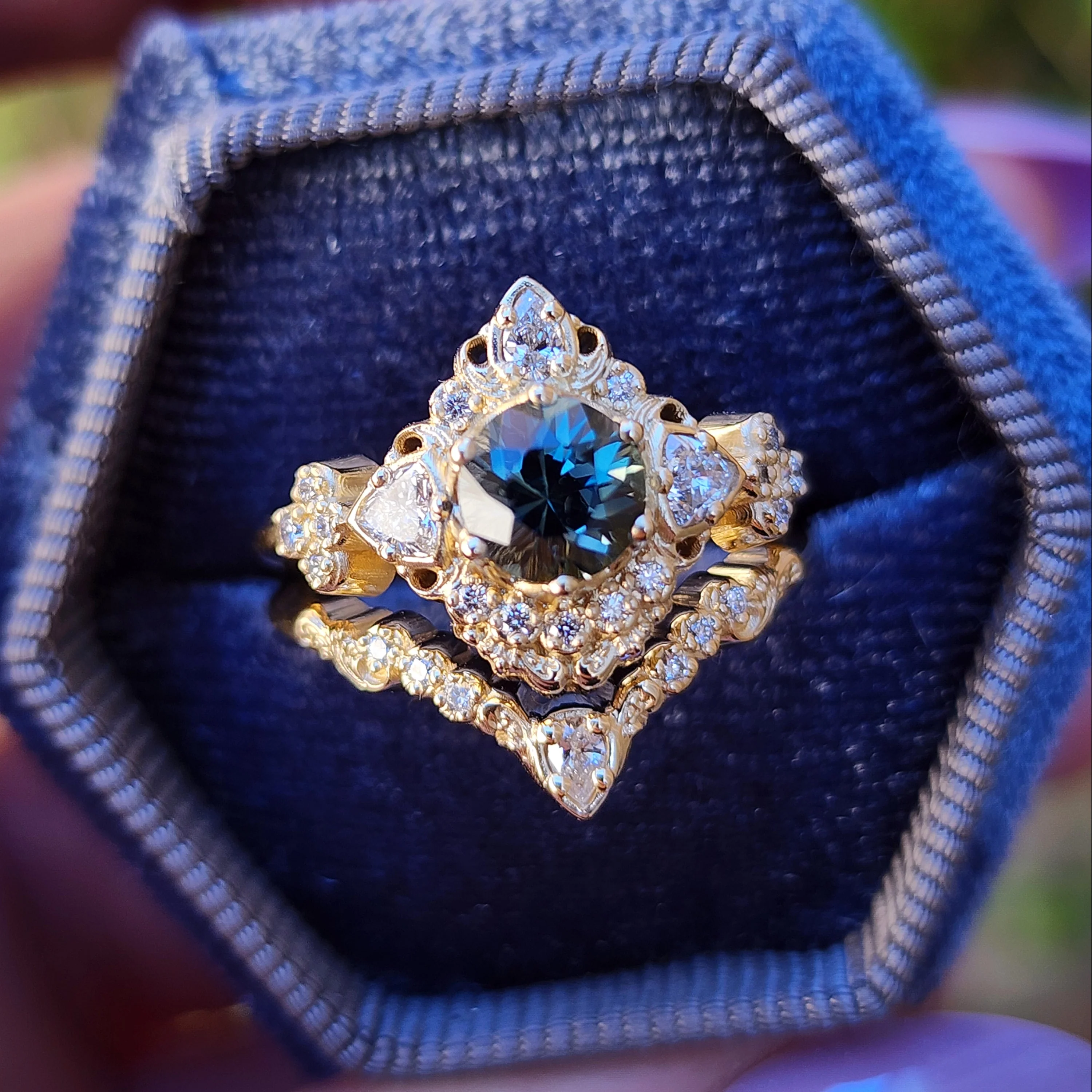 Ready to Ship Size 6 - 8 - Teal Sapphire Katarina Gold Scroll Engagement Ring Set with Trillions - 14k Yellow Gold