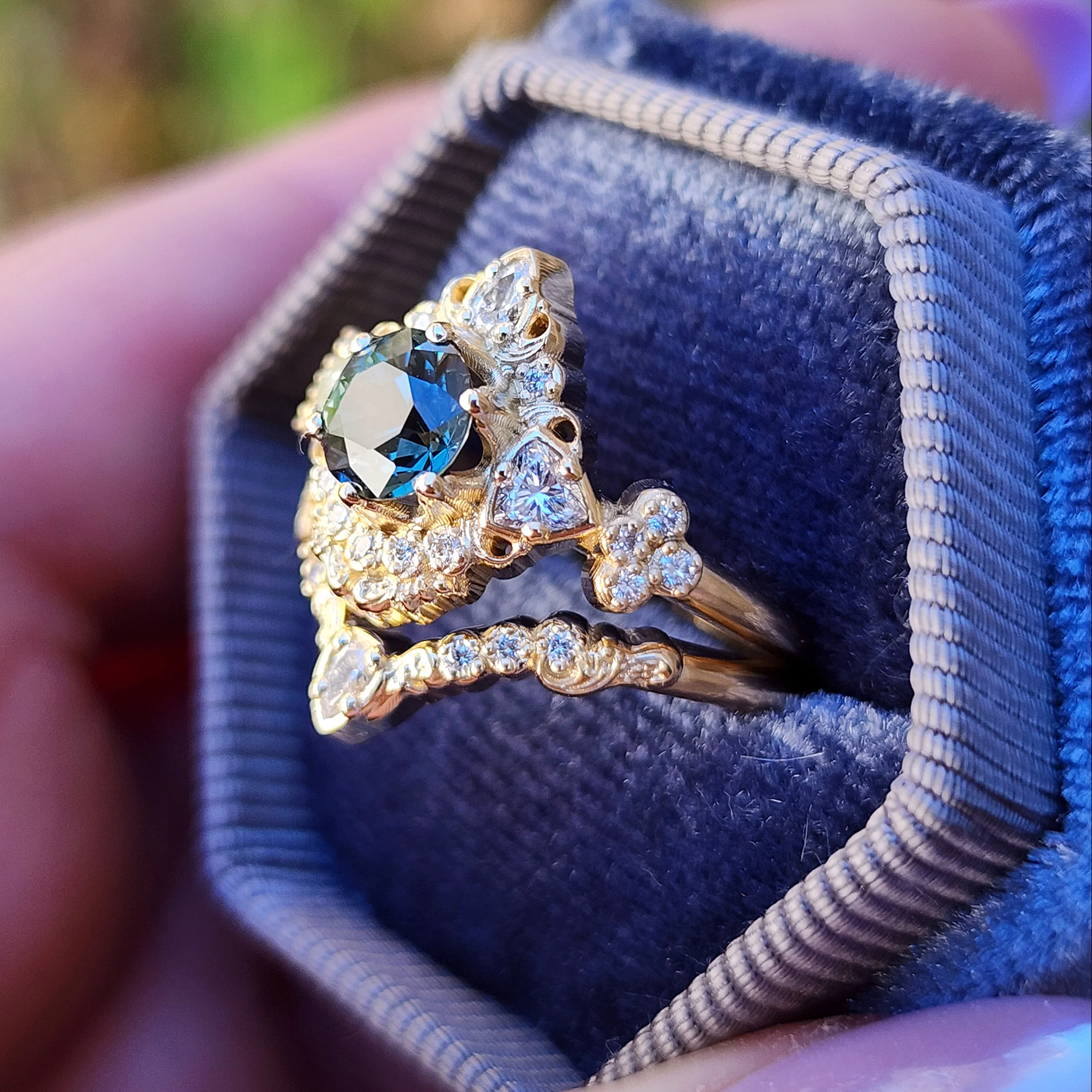 Ready to Ship Size 6 - 8 - Teal Sapphire Katarina Gold Scroll Engagement Ring Set with Trillions - 14k Yellow Gold - Image 6