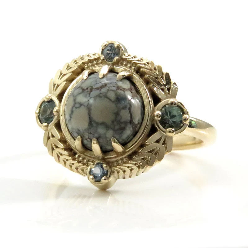 Ready to Ship Size 6 - 8 - Variscite Leaf Ring with Montana Sapphires - 14k Yellow Gold - Image 3