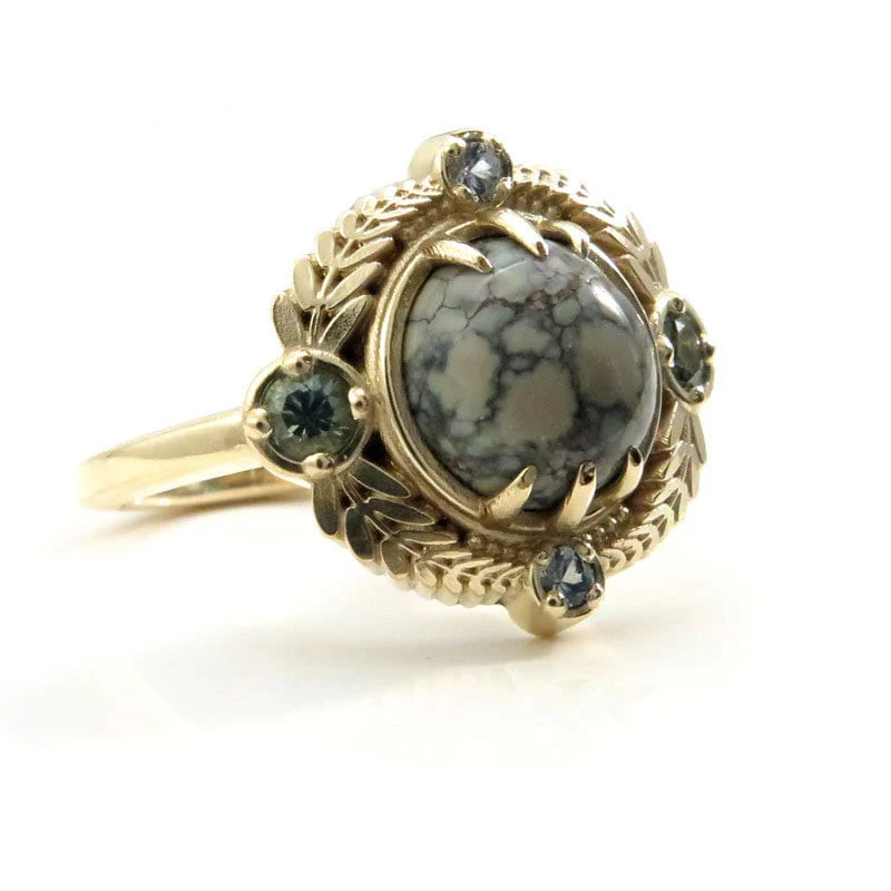 Ready to Ship Size 6 - 8 - Variscite Leaf Ring with Montana Sapphires - 14k Yellow Gold - Image 4