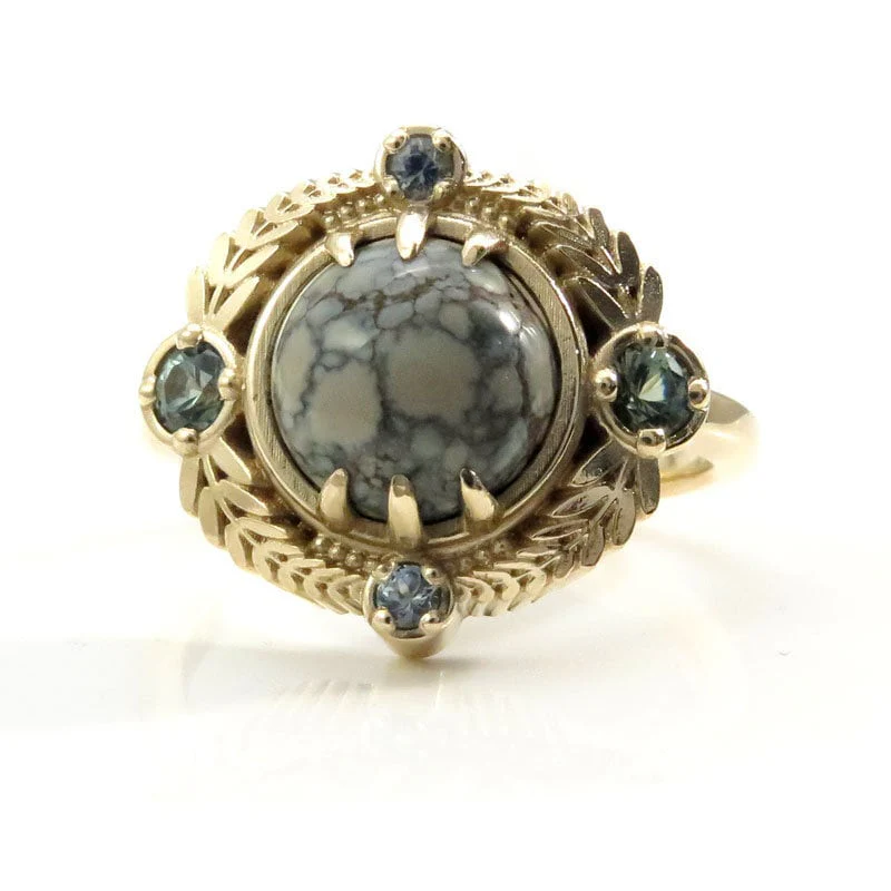 Ready to Ship Size 6 - 8 - Variscite Leaf Ring with Montana Sapphires - 14k Yellow Gold - Image 6