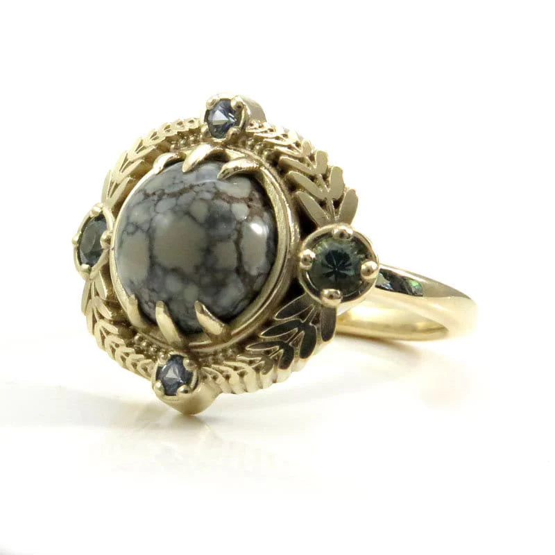Ready to Ship Size 6 - 8 - Variscite Leaf Ring with Montana Sapphires - 14k Yellow Gold - Image 7