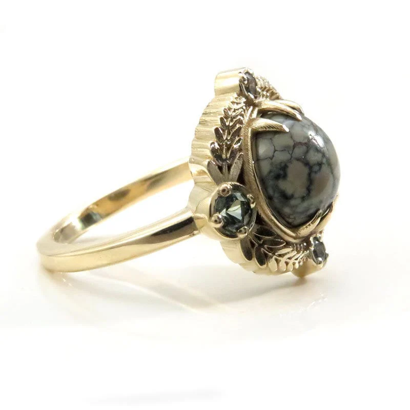 Ready to Ship Size 6 - 8 - Variscite Leaf Ring with Montana Sapphires - 14k Yellow Gold - Image 8