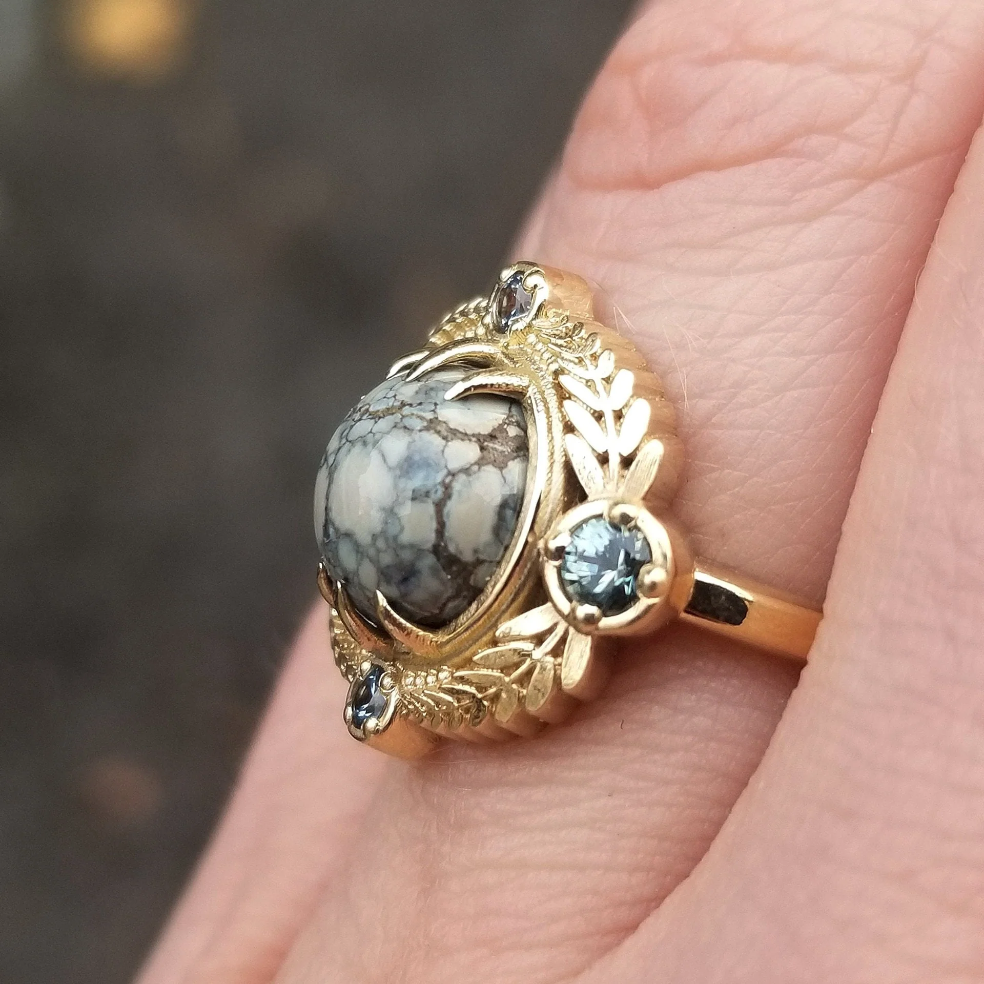 Ready to Ship Size 6 - 8 - Variscite Leaf Ring with Montana Sapphires - 14k Yellow Gold - Image 9