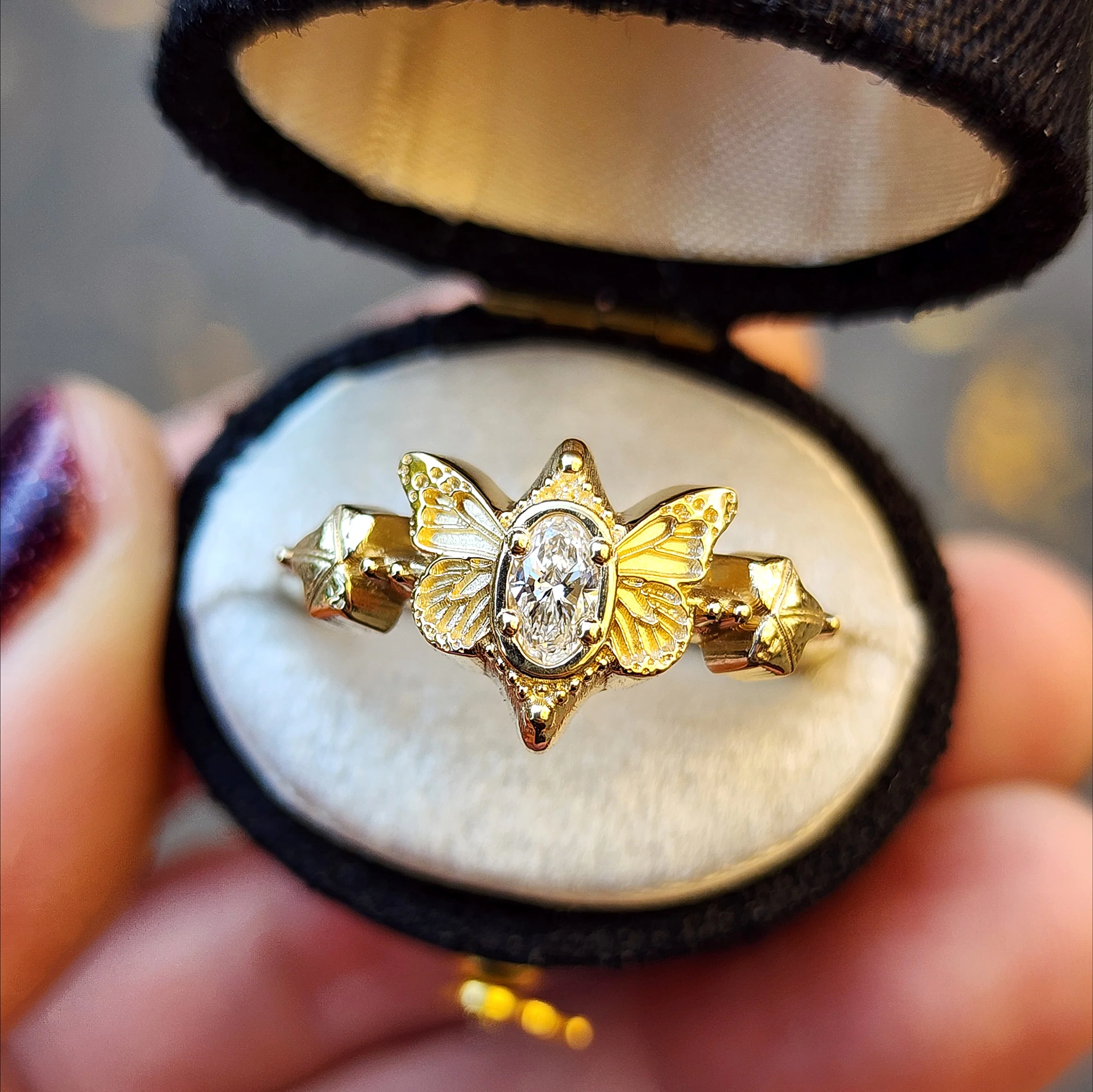 Oval Lab Diamond Butterfly Fairytale Engagement with Ivy Leaves - 14k Gold Nature Inspired Bug Fine Jewelry - Image 3