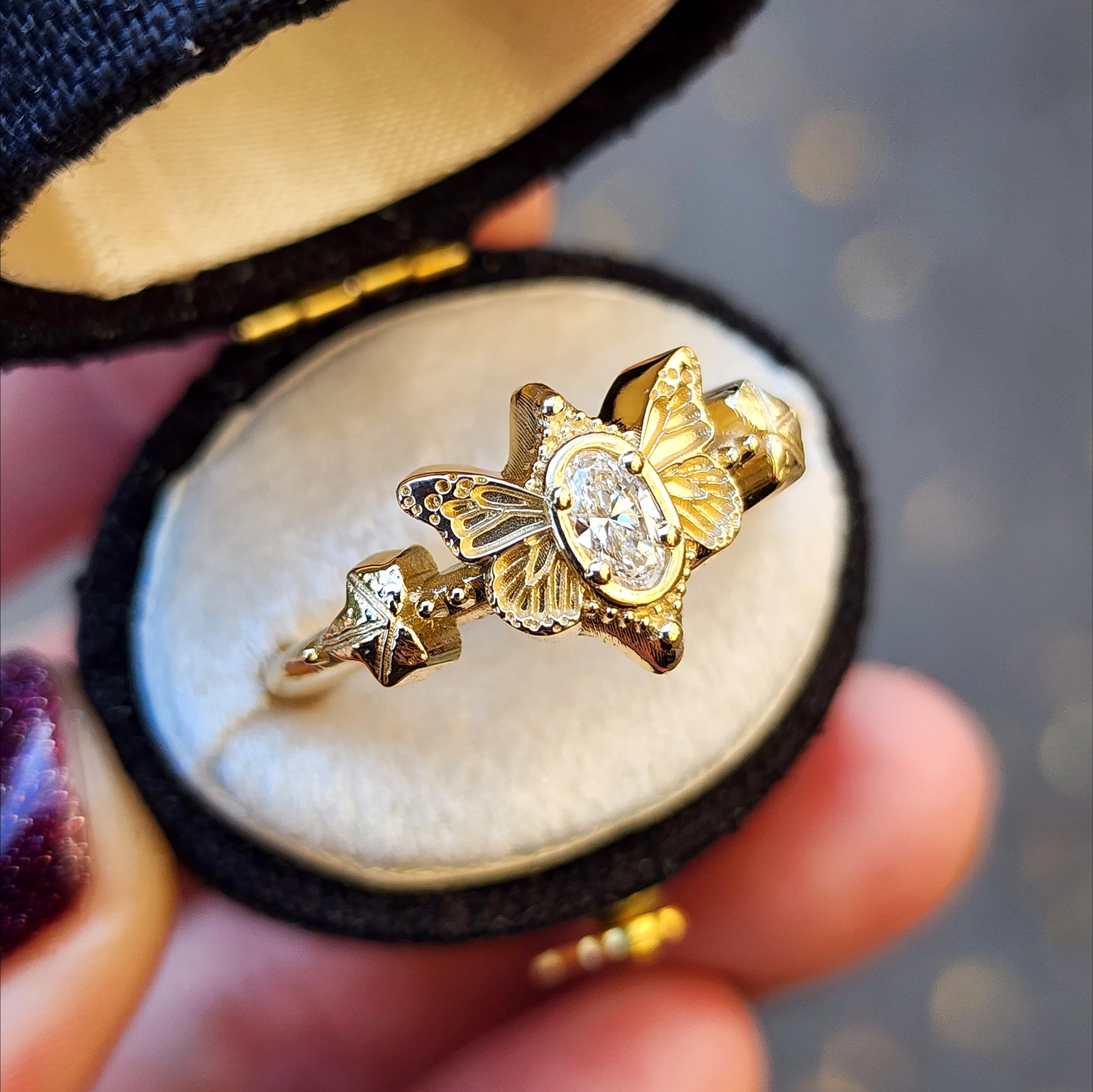 Oval Lab Diamond Butterfly Fairytale Engagement with Ivy Leaves - 14k Gold Nature Inspired Bug Fine Jewelry - Image 4