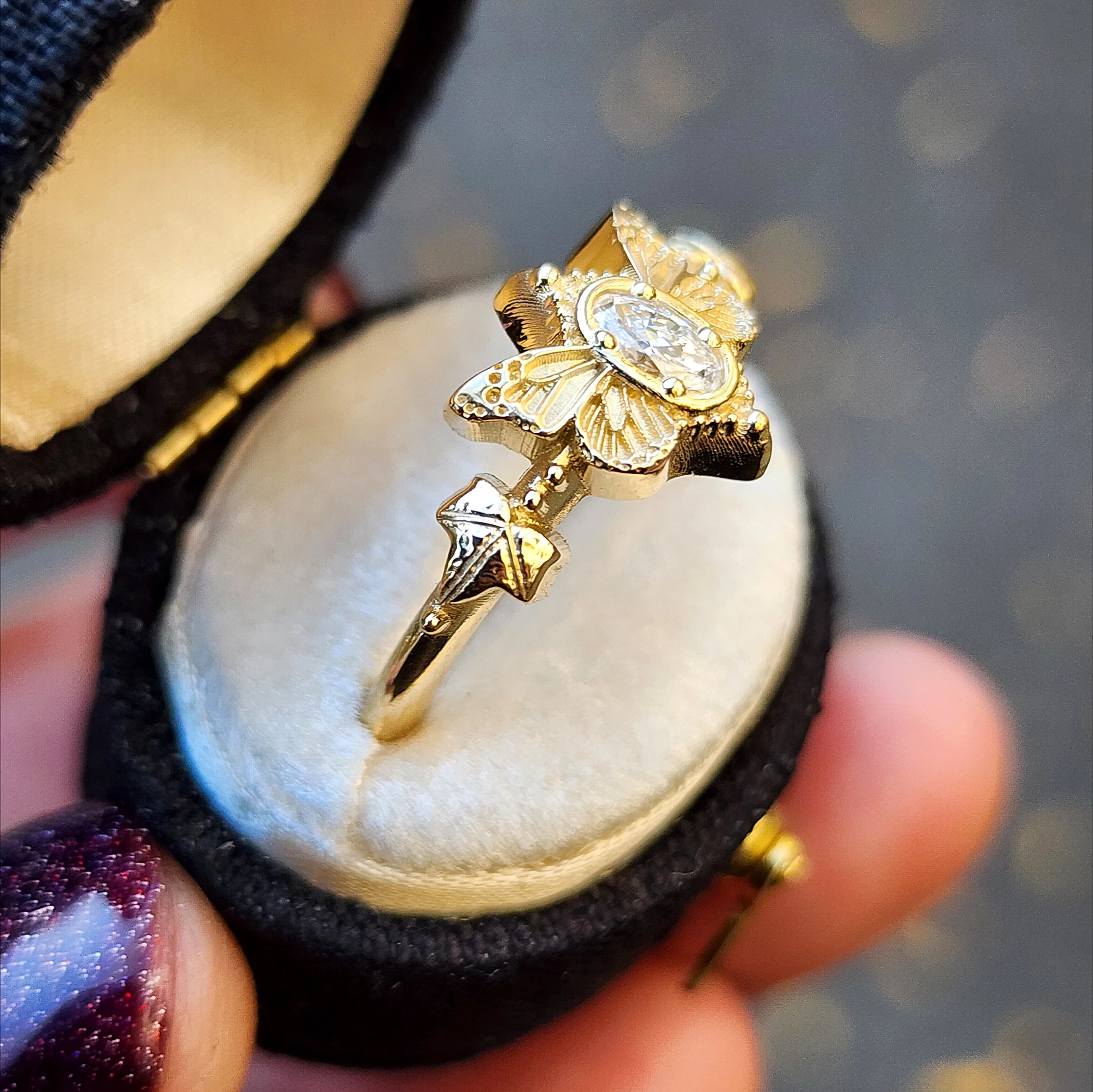 Oval Lab Diamond Butterfly Fairytale Engagement with Ivy Leaves - 14k Gold Nature Inspired Bug Fine Jewelry - Image 5